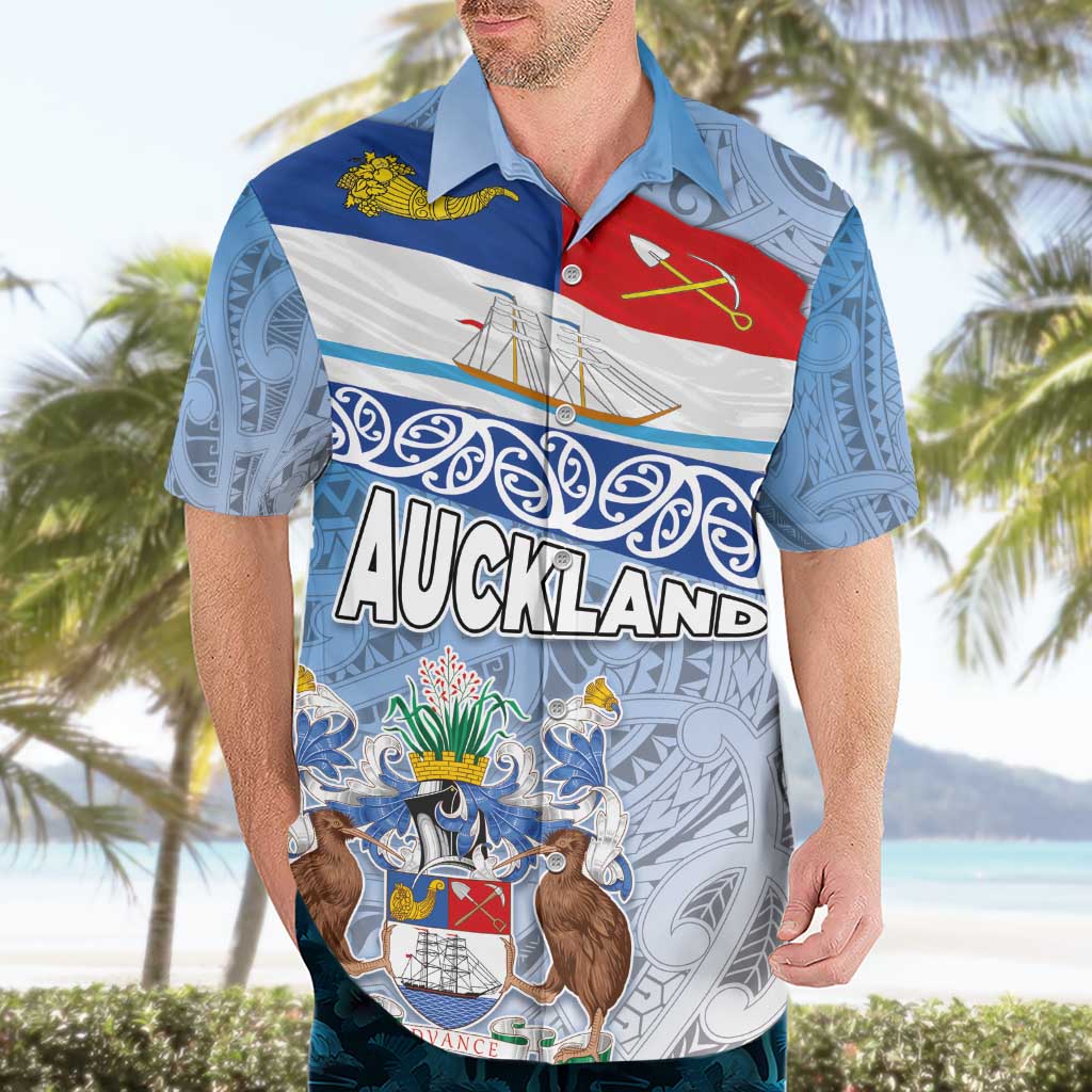 New Zealand Auckland Hawaiian Shirt Auckland's Flag and Coat of Arms - Koru Art Maori Pattern - Vibe Hoodie Shop