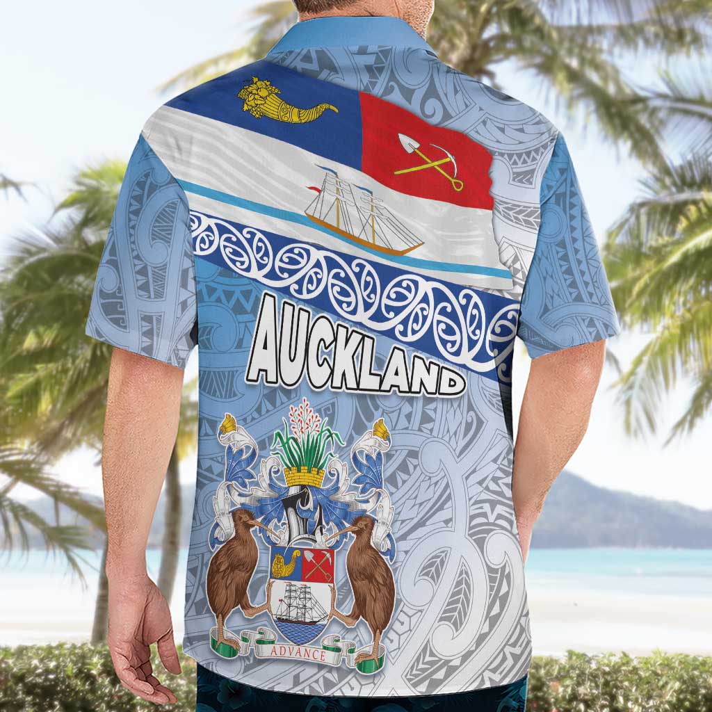 New Zealand Auckland Hawaiian Shirt Auckland's Flag and Coat of Arms - Koru Art Maori Pattern - Vibe Hoodie Shop