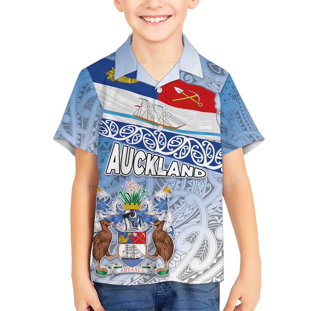 New Zealand Auckland Hawaiian Shirt Auckland's Flag and Coat of Arms - Koru Art Maori Pattern - Vibe Hoodie Shop