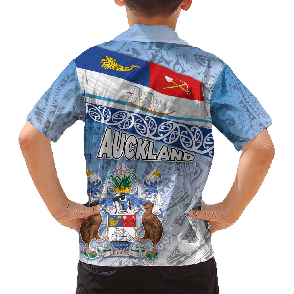 New Zealand Auckland Hawaiian Shirt Auckland's Flag and Coat of Arms - Koru Art Maori Pattern - Vibe Hoodie Shop