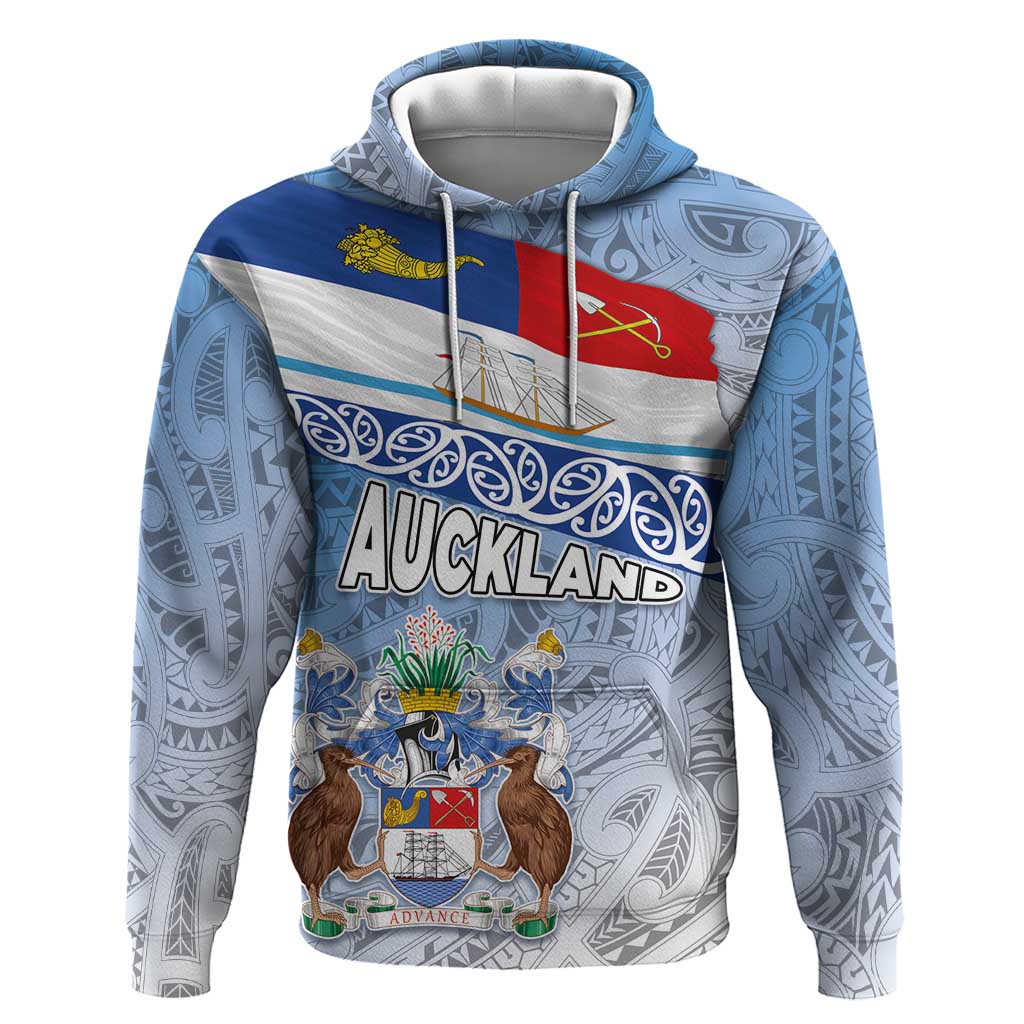 New Zealand Auckland Hoodie Auckland's Flag and Coat of Arms - Koru Art Maori Pattern - Vibe Hoodie Shop
