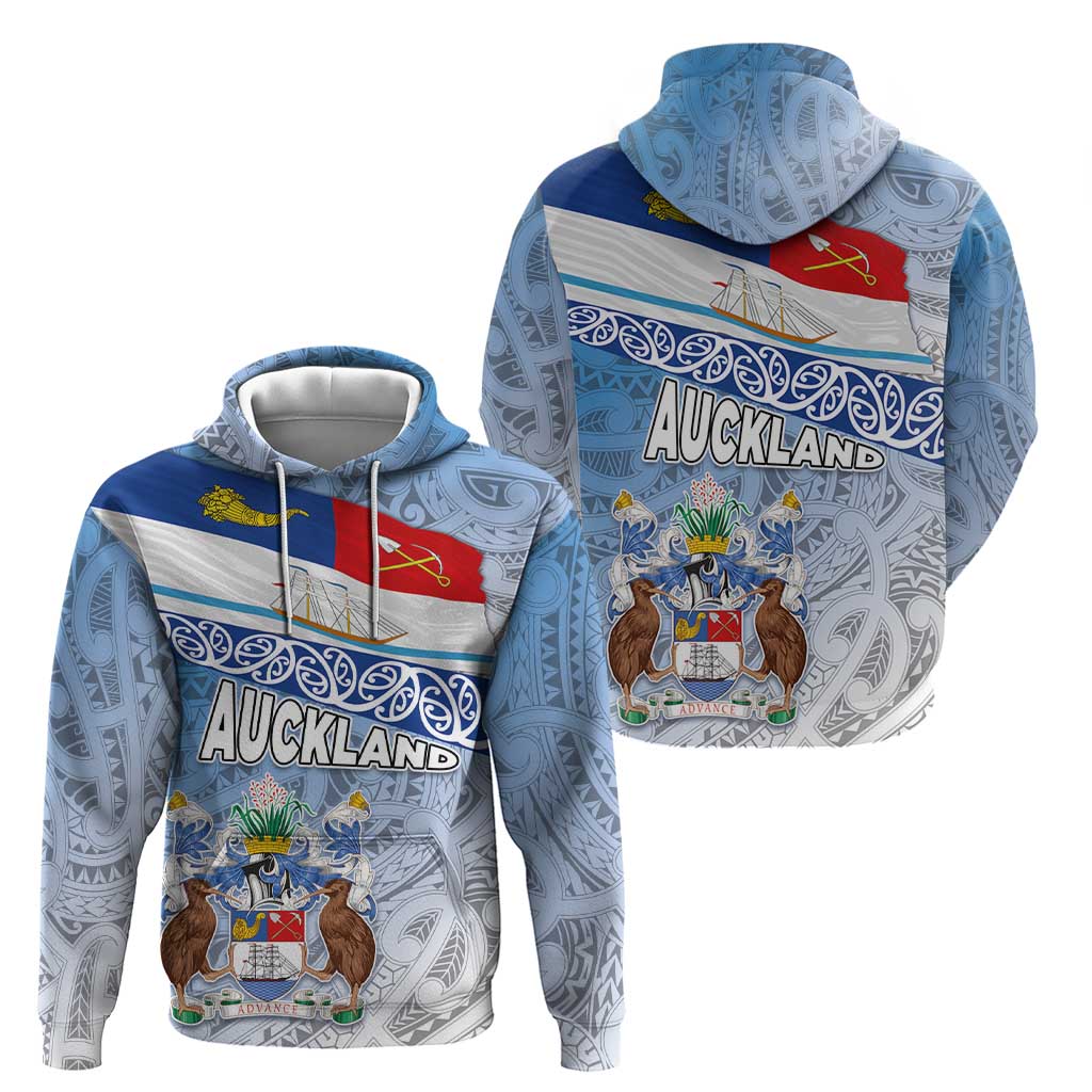 New Zealand Auckland Hoodie Auckland's Flag and Coat of Arms - Koru Art Maori Pattern - Vibe Hoodie Shop