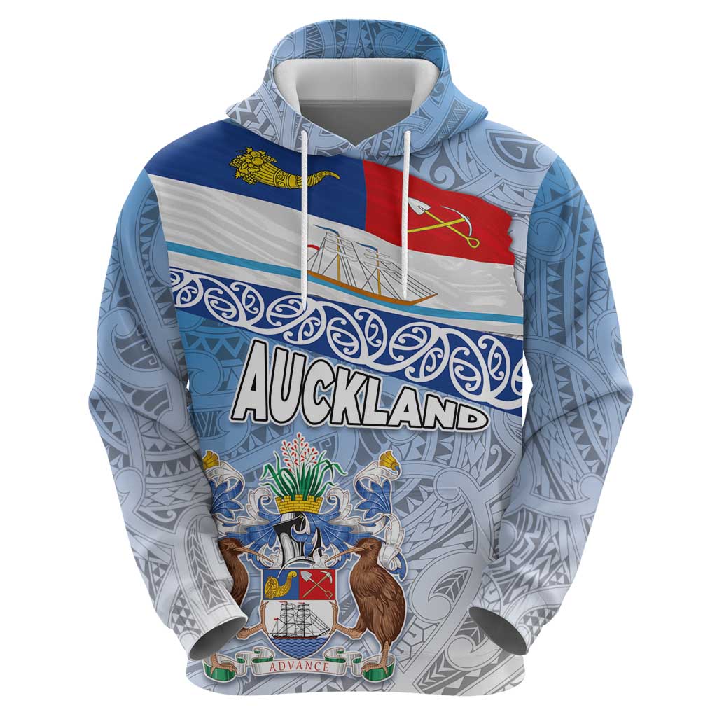 New Zealand Auckland Hoodie Auckland's Flag and Coat of Arms - Koru Art Maori Pattern - Vibe Hoodie Shop