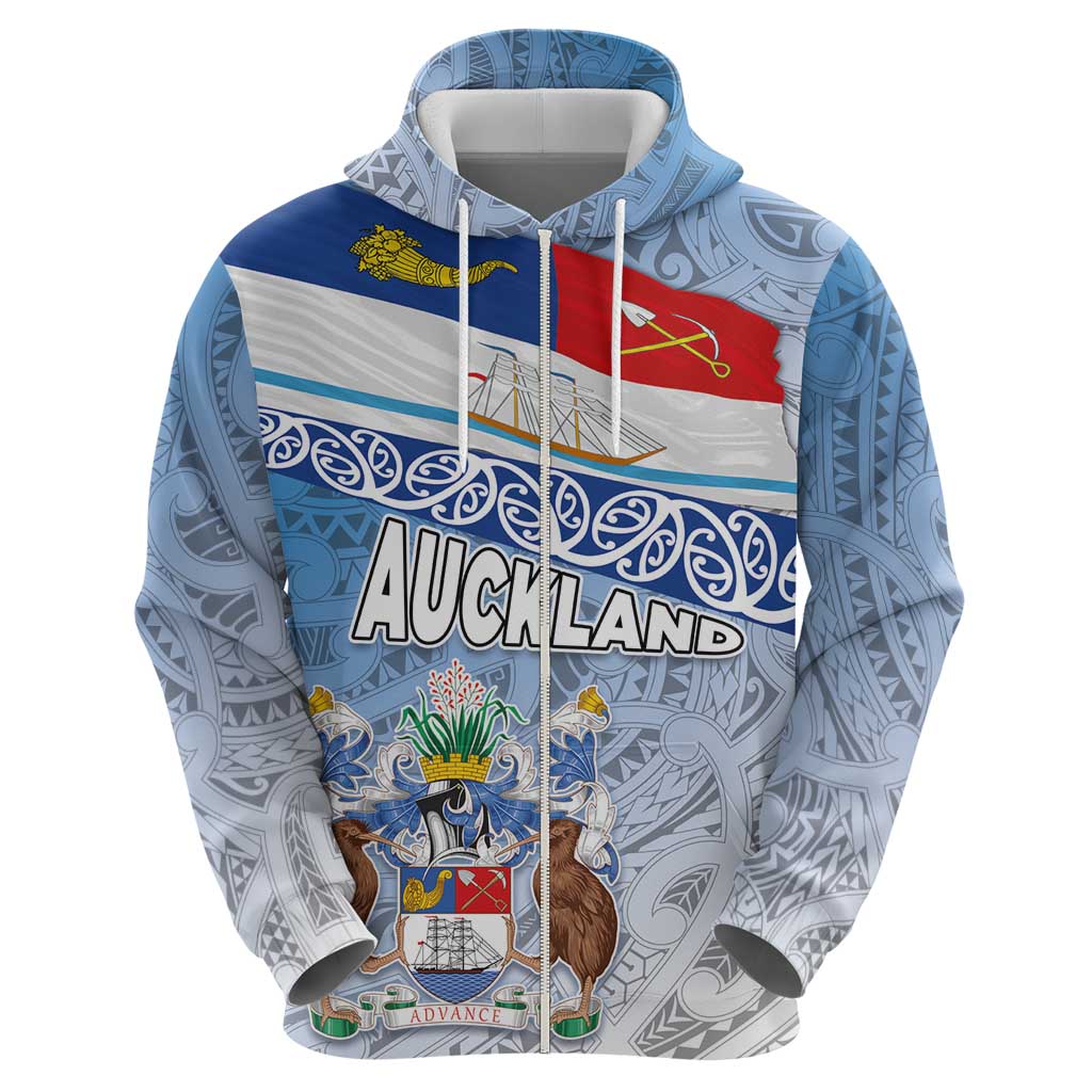 New Zealand Auckland Hoodie Auckland's Flag and Coat of Arms - Koru Art Maori Pattern - Vibe Hoodie Shop