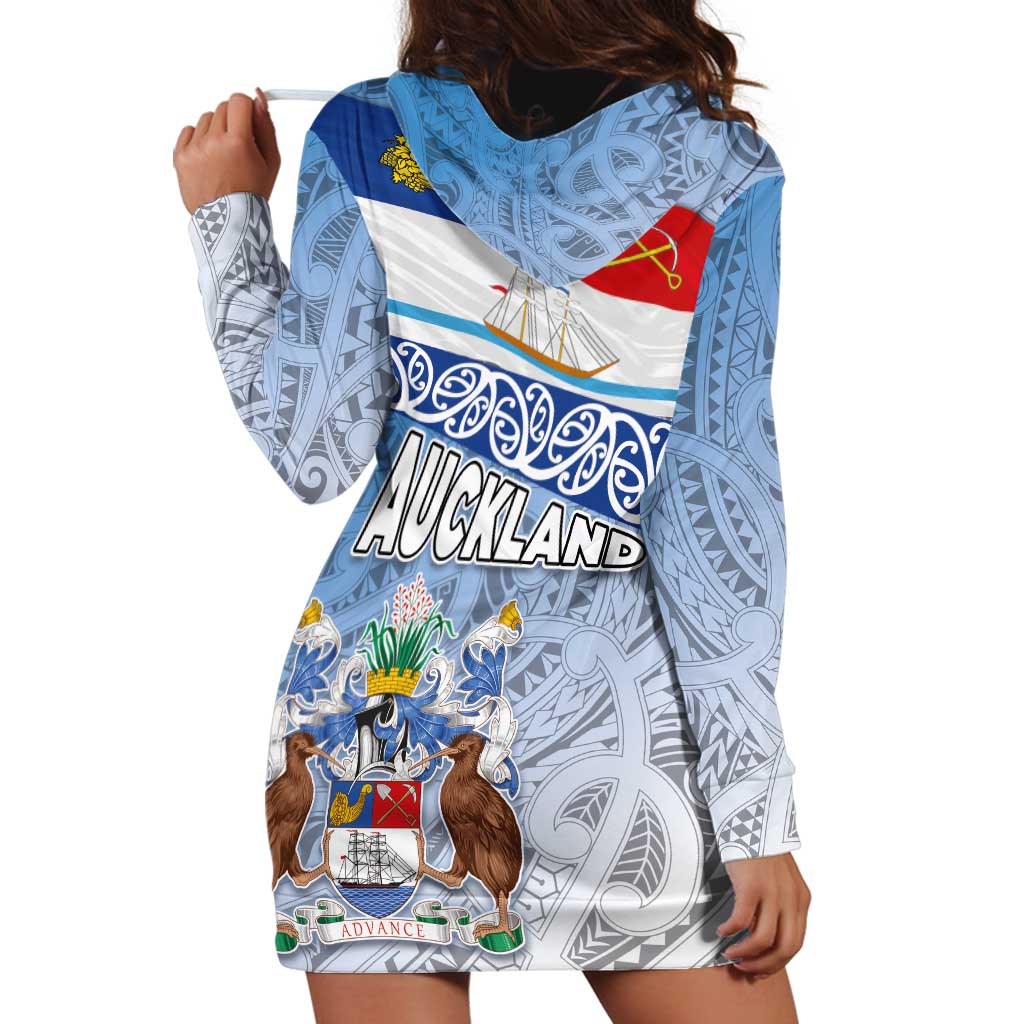 New Zealand Auckland Hoodie Dress Auckland's Flag and Coat of Arms - Koru Art Maori Pattern - Vibe Hoodie Shop