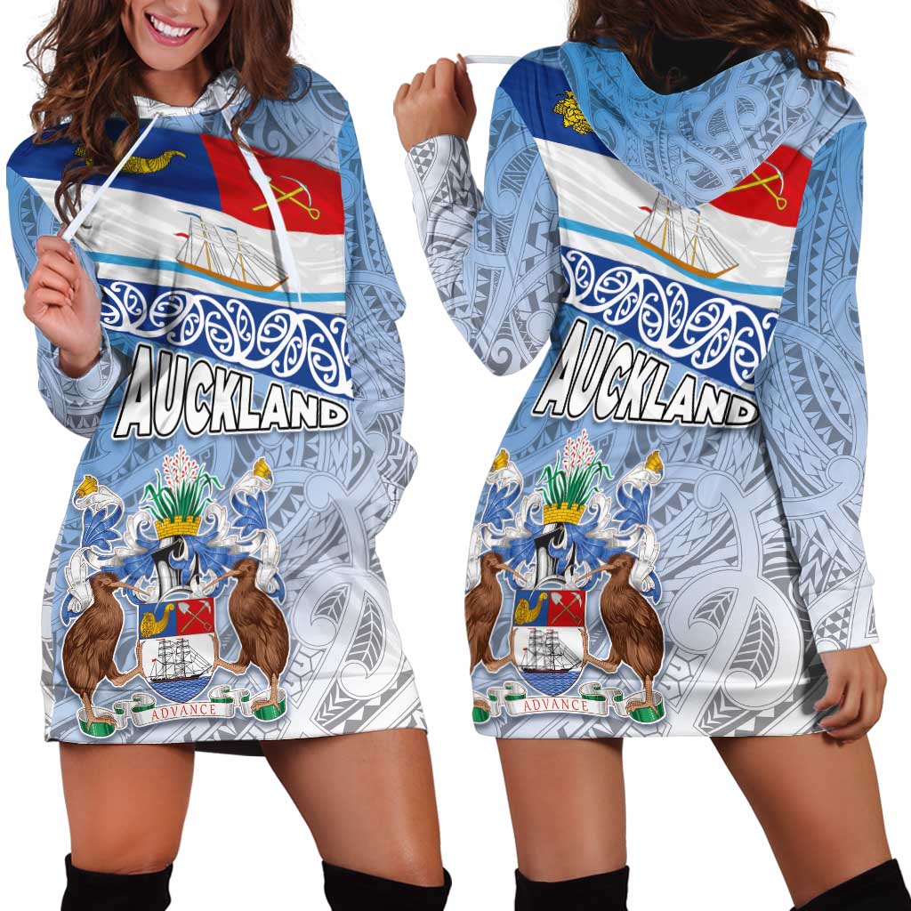 New Zealand Auckland Hoodie Dress Auckland's Flag and Coat of Arms - Koru Art Maori Pattern - Vibe Hoodie Shop