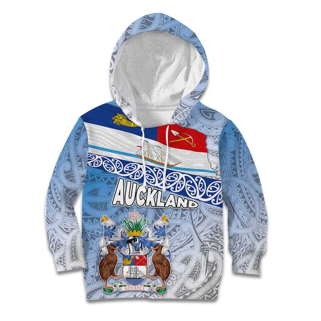 New Zealand Auckland Kid Hoodie Auckland's Flag and Coat of Arms - Koru Art Maori Pattern - Vibe Hoodie Shop