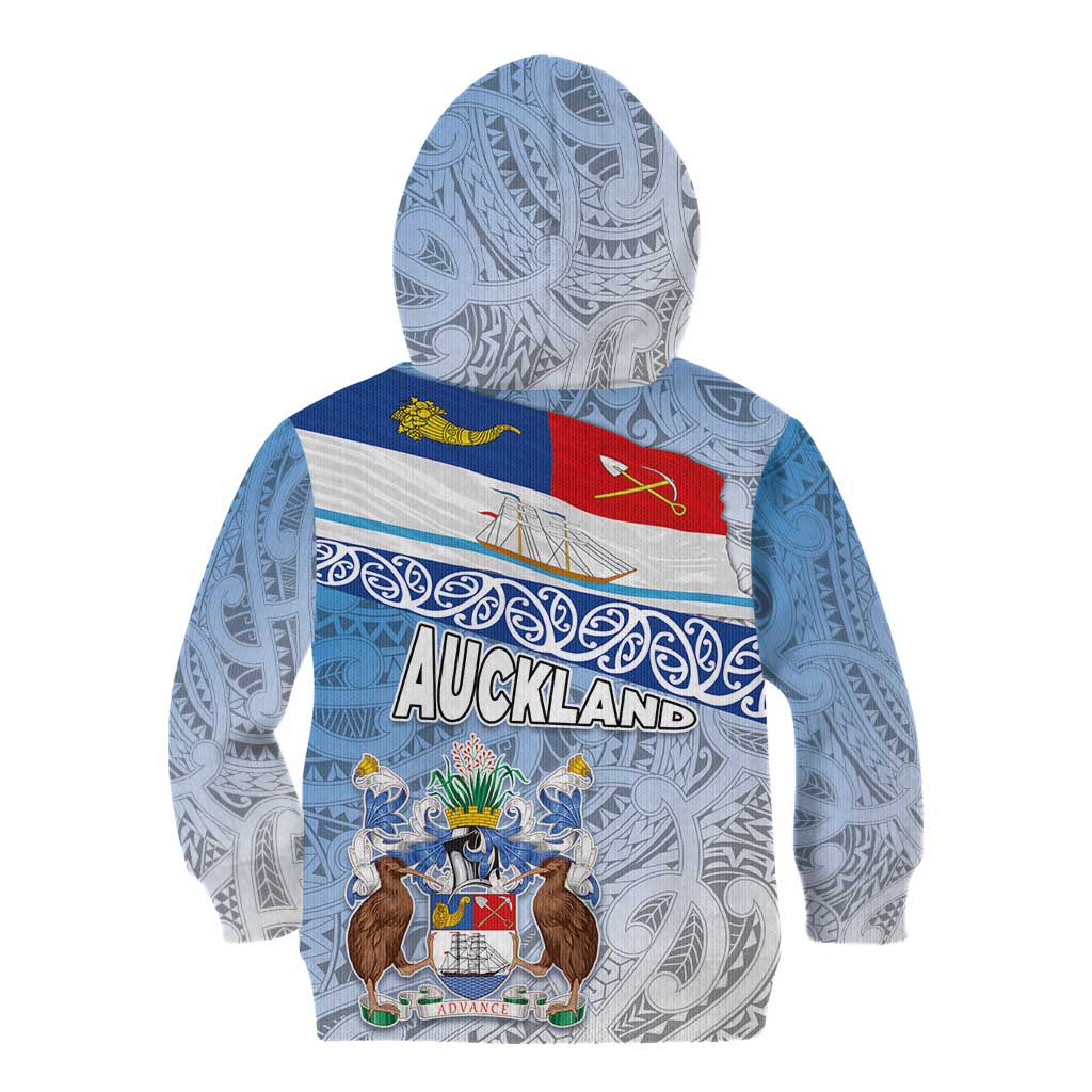 New Zealand Auckland Kid Hoodie Auckland's Flag and Coat of Arms - Koru Art Maori Pattern - Vibe Hoodie Shop