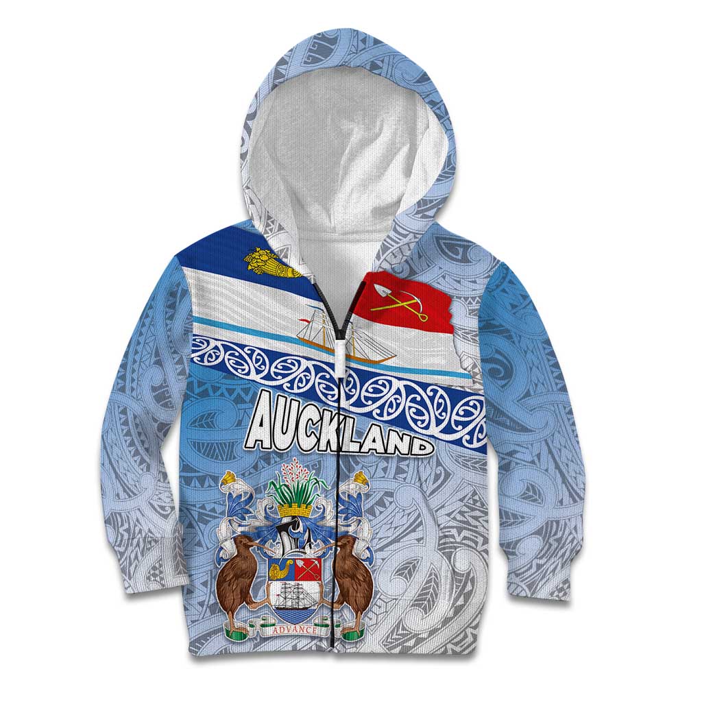 New Zealand Auckland Kid Hoodie Auckland's Flag and Coat of Arms - Koru Art Maori Pattern - Vibe Hoodie Shop