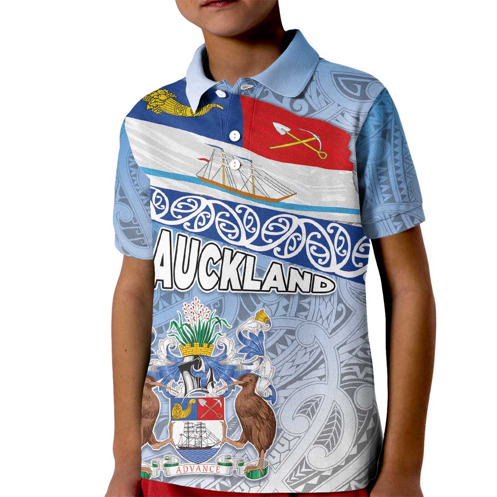 New Zealand Auckland Kid Polo Shirt Auckland's Flag and Coat of Arms - Koru Art Maori Pattern - Vibe Hoodie Shop