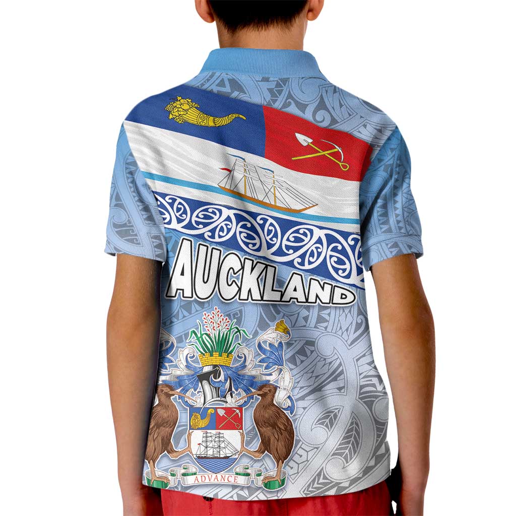 New Zealand Auckland Kid Polo Shirt Auckland's Flag and Coat of Arms - Koru Art Maori Pattern - Vibe Hoodie Shop