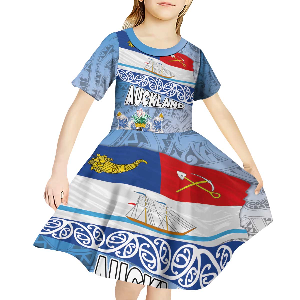 New Zealand Auckland Kid Short Sleeve Dress Auckland's Flag and Coat of Arms - Koru Art Maori Pattern - Vibe Hoodie Shop