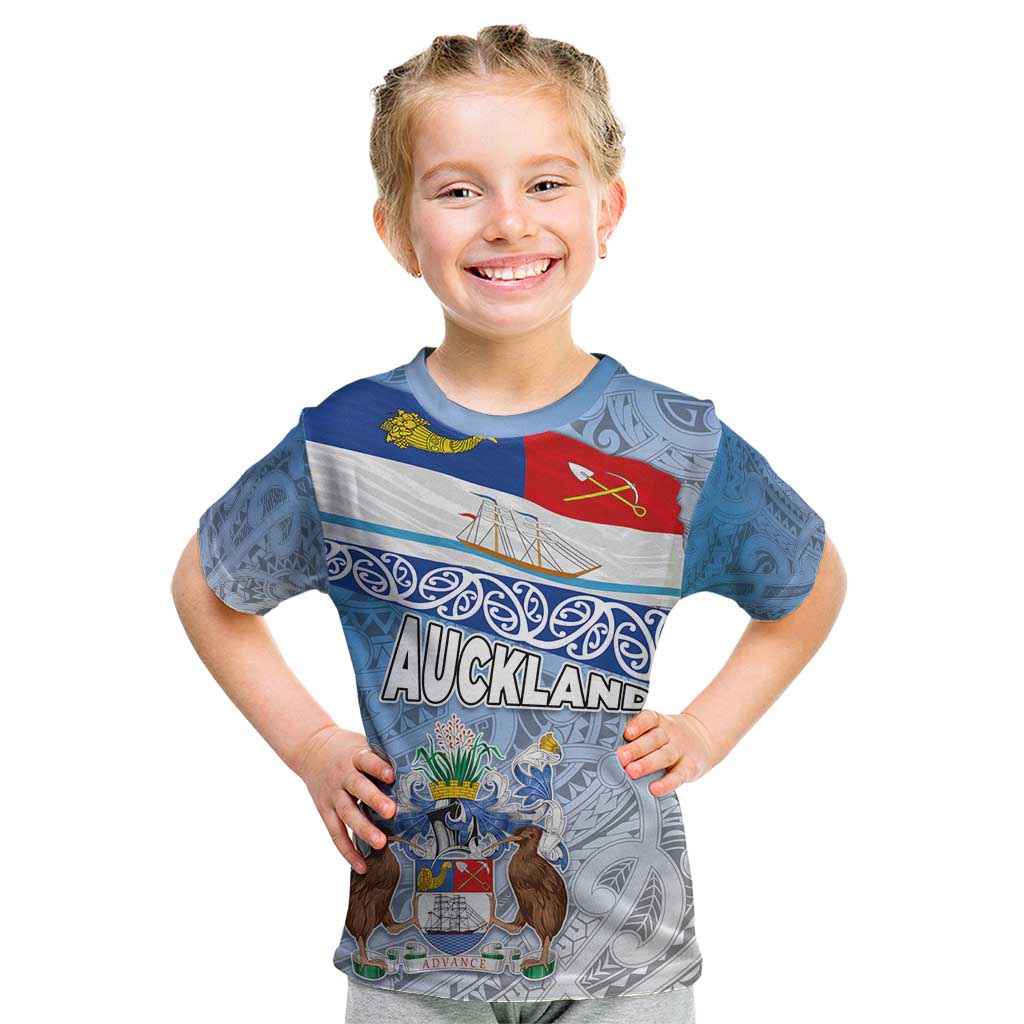 New Zealand Auckland Kid T Shirt Auckland's Flag and Coat of Arms - Koru Art Maori Pattern - Vibe Hoodie Shop