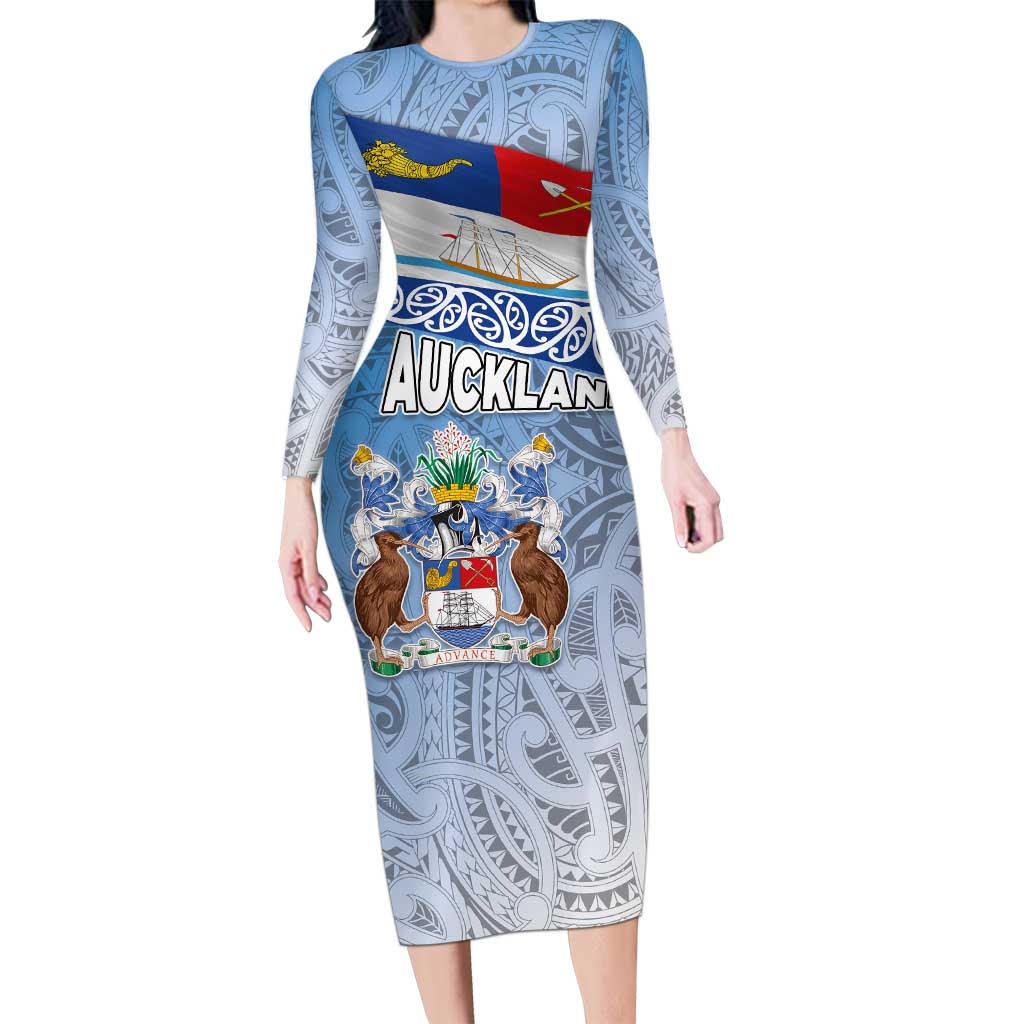 New Zealand Auckland Long Sleeve Bodycon Dress Auckland's Flag and Coat of Arms - Koru Art Maori Pattern