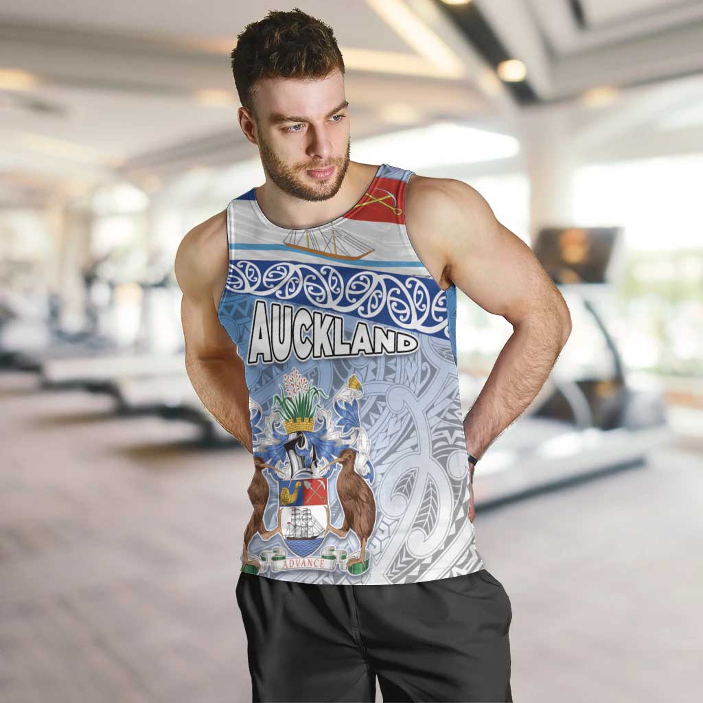 New Zealand Auckland Men Tank Top Auckland's Flag and Coat of Arms - Koru Art Maori Pattern - Vibe Hoodie Shop