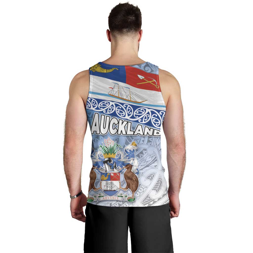 New Zealand Auckland Men Tank Top Auckland's Flag and Coat of Arms - Koru Art Maori Pattern - Vibe Hoodie Shop