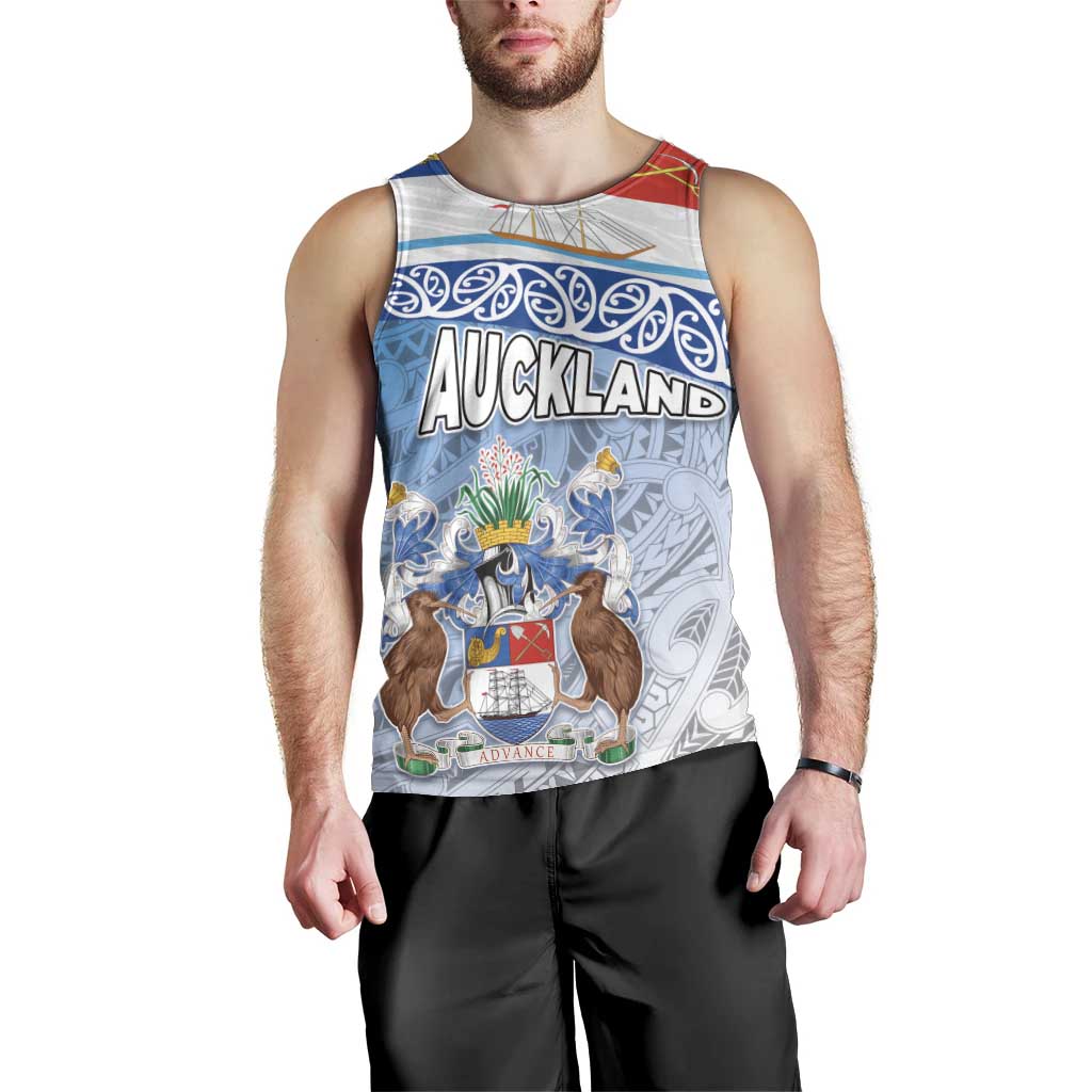 New Zealand Auckland Men Tank Top Auckland's Flag and Coat of Arms - Koru Art Maori Pattern - Vibe Hoodie Shop