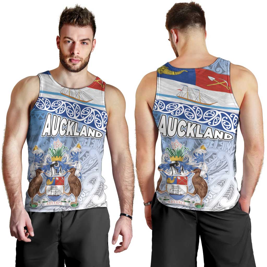 New Zealand Auckland Men Tank Top Auckland's Flag and Coat of Arms - Koru Art Maori Pattern - Vibe Hoodie Shop