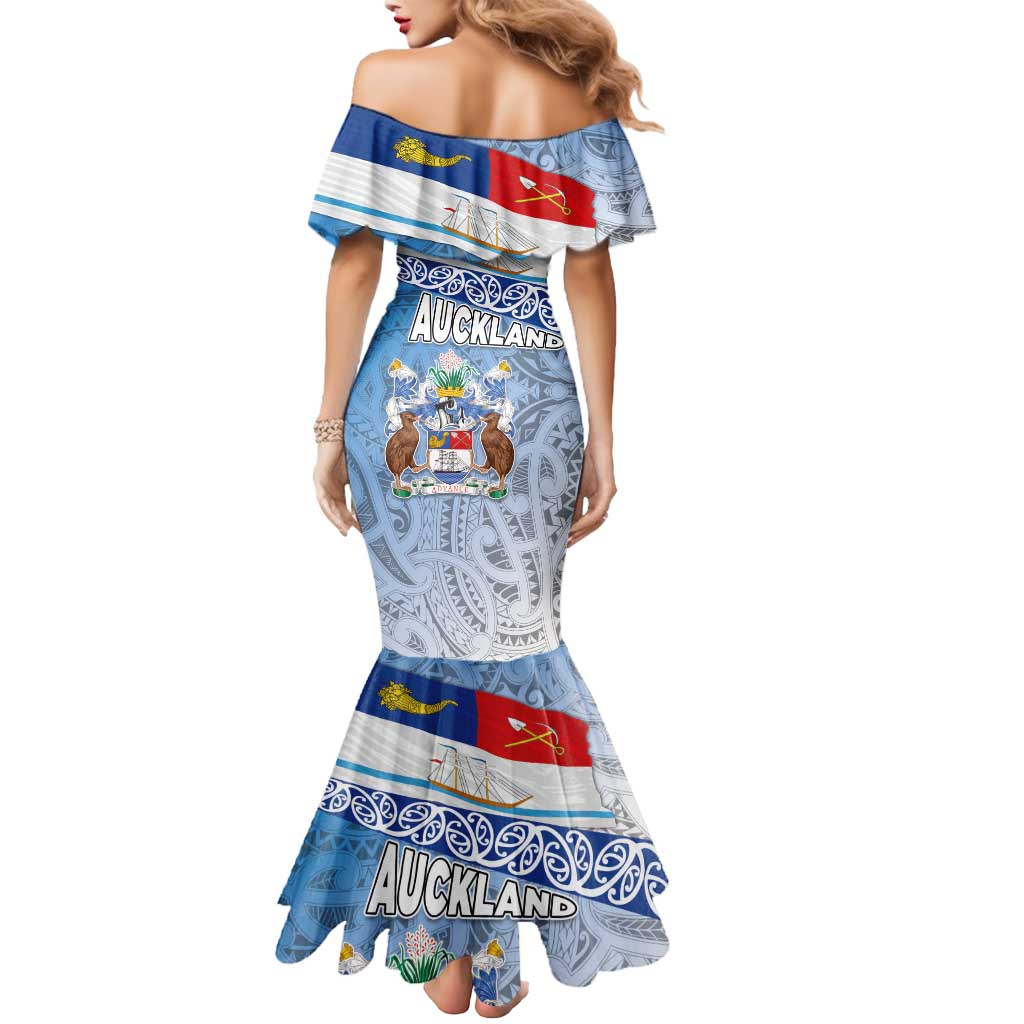 New Zealand Auckland Mermaid Dress Auckland's Flag and Coat of Arms - Koru Art Maori Pattern