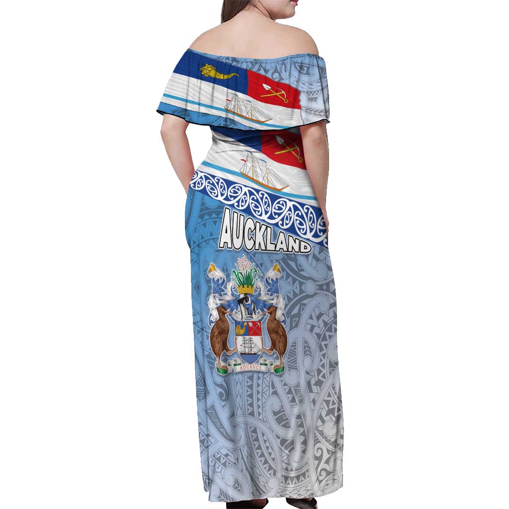 New Zealand Auckland Off Shoulder Maxi Dress Auckland's Flag and Coat of Arms - Koru Art Maori Pattern