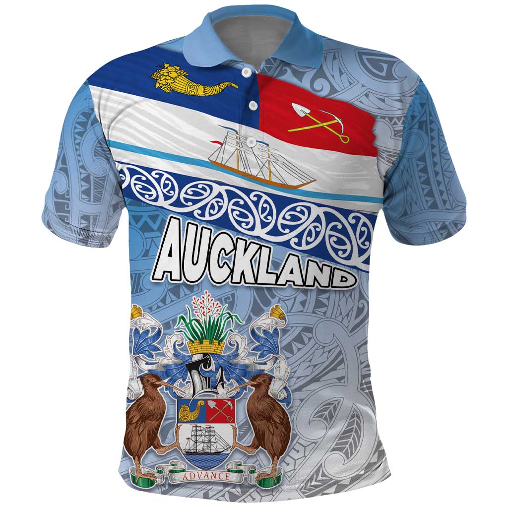 New Zealand Auckland Polo Shirt Auckland's Flag and Coat of Arms - Koru Art Maori Pattern - Vibe Hoodie Shop