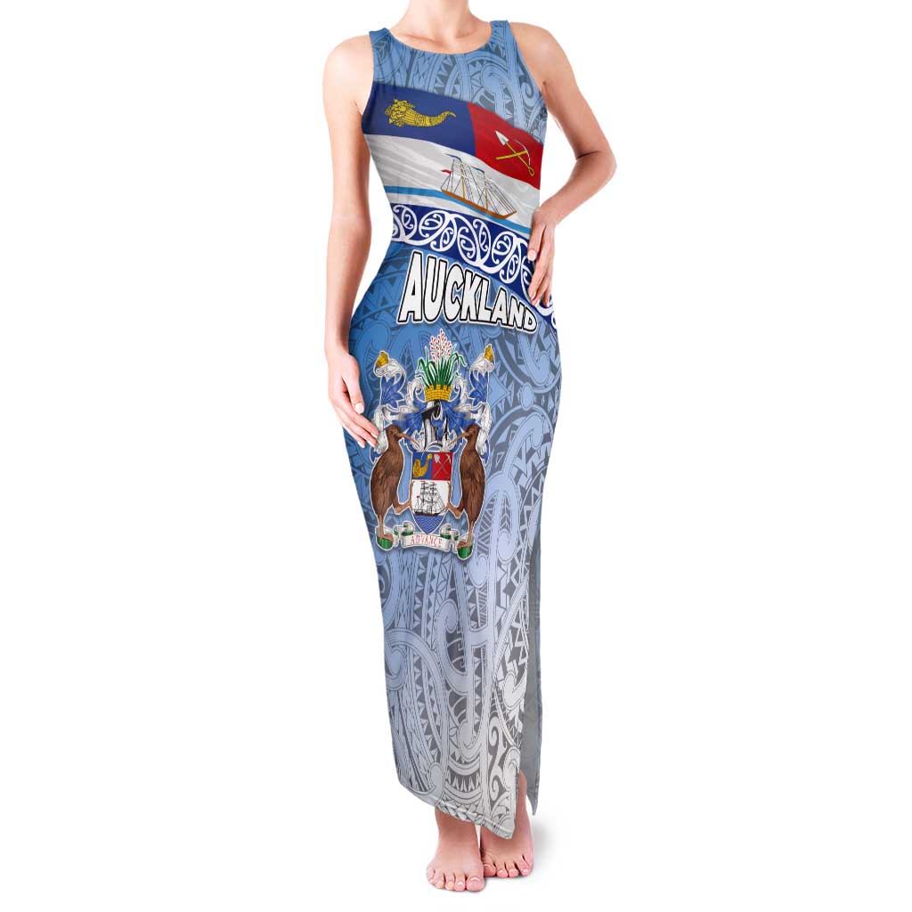 New Zealand Auckland Tank Maxi Dress Auckland's Flag and Coat of Arms - Koru Art Maori Pattern