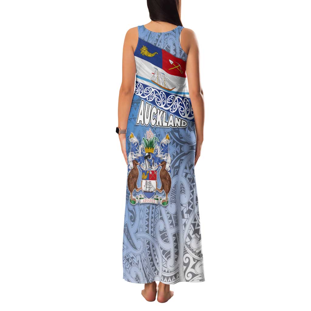 New Zealand Auckland Tank Maxi Dress Auckland's Flag and Coat of Arms - Koru Art Maori Pattern