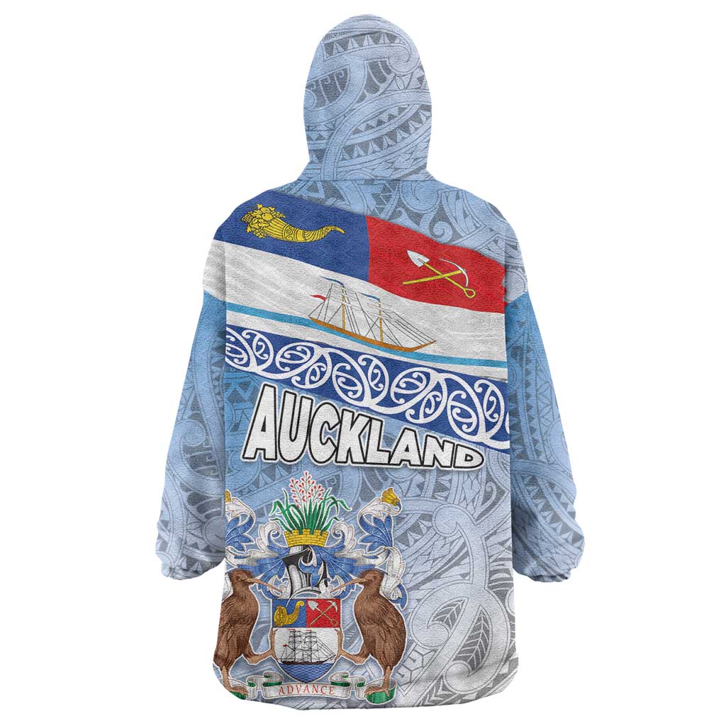 New Zealand Auckland Wearable Blanket Hoodie Auckland's Flag and Coat of Arms - Koru Art Maori Pattern - Vibe Hoodie Shop