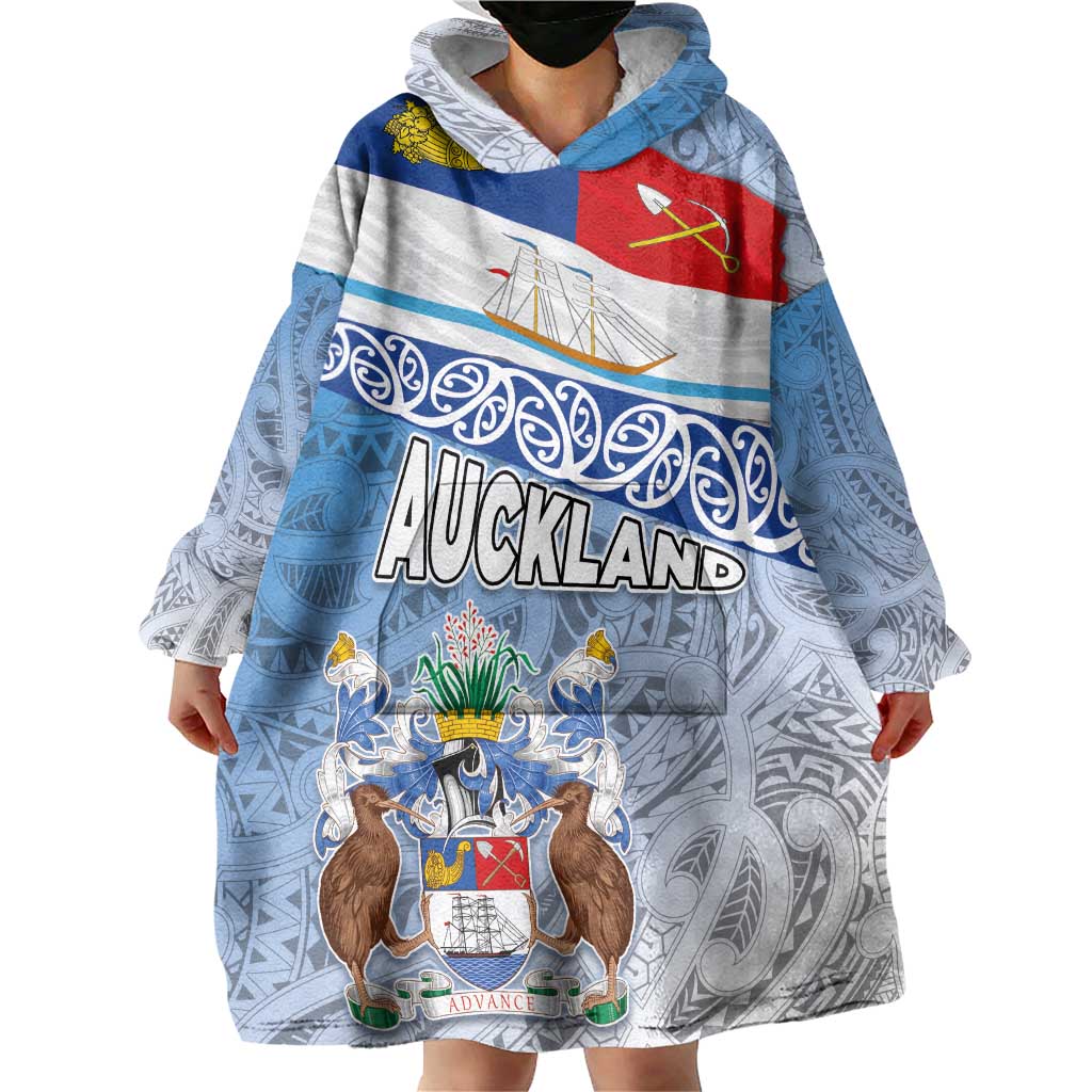 New Zealand Auckland Wearable Blanket Hoodie Auckland's Flag and Coat of Arms - Koru Art Maori Pattern - Vibe Hoodie Shop