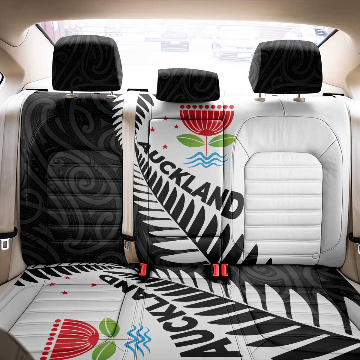 New Zealand Auckland Back Car Seat Cover Auckland's Emblem and Silver Ferns - Maori Art Tattoo