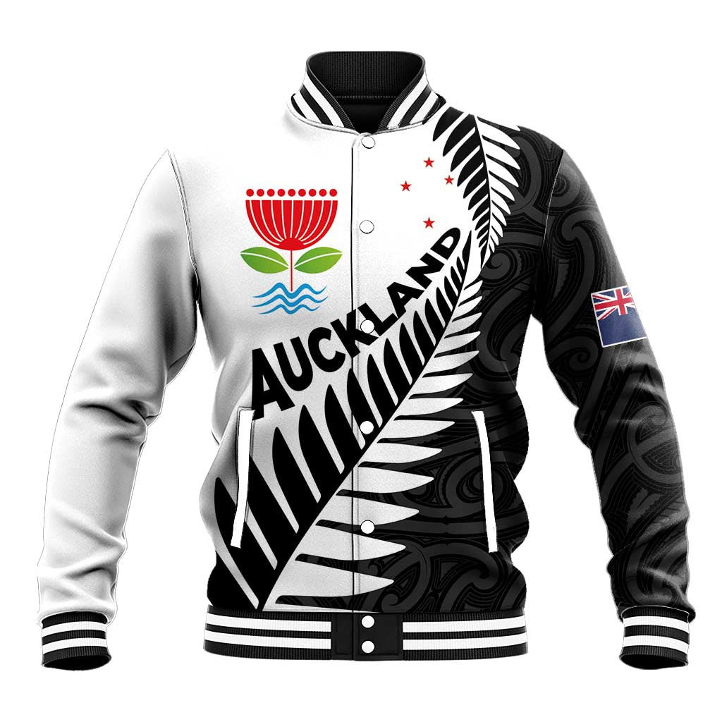 New Zealand Auckland Baseball Jacket Auckland's Emblem and Silver Ferns - Maori Art Tattoo - Vibe Hoodie Shop