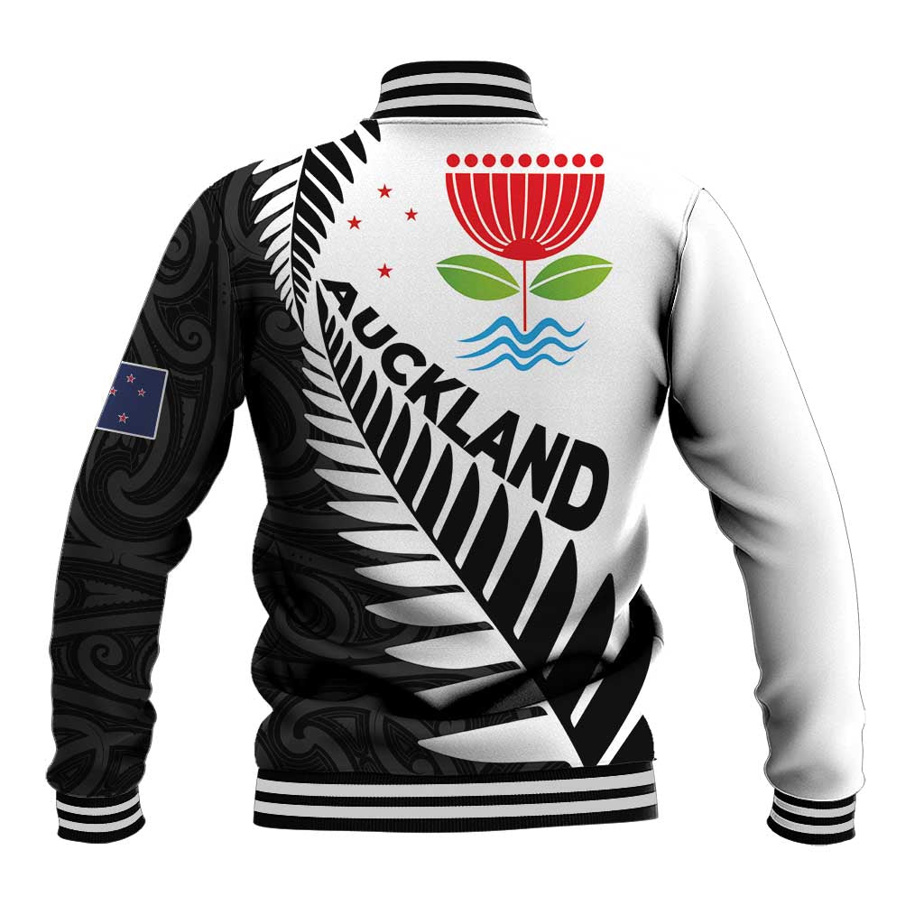 New Zealand Auckland Baseball Jacket Auckland's Emblem and Silver Ferns - Maori Art Tattoo - Vibe Hoodie Shop