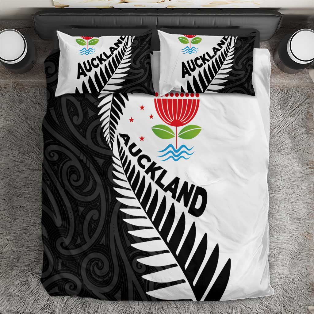 New Zealand Auckland Bedding Set Auckland's Emblem and Silver Ferns - Maori Art Tattoo - Vibe Hoodie Shop