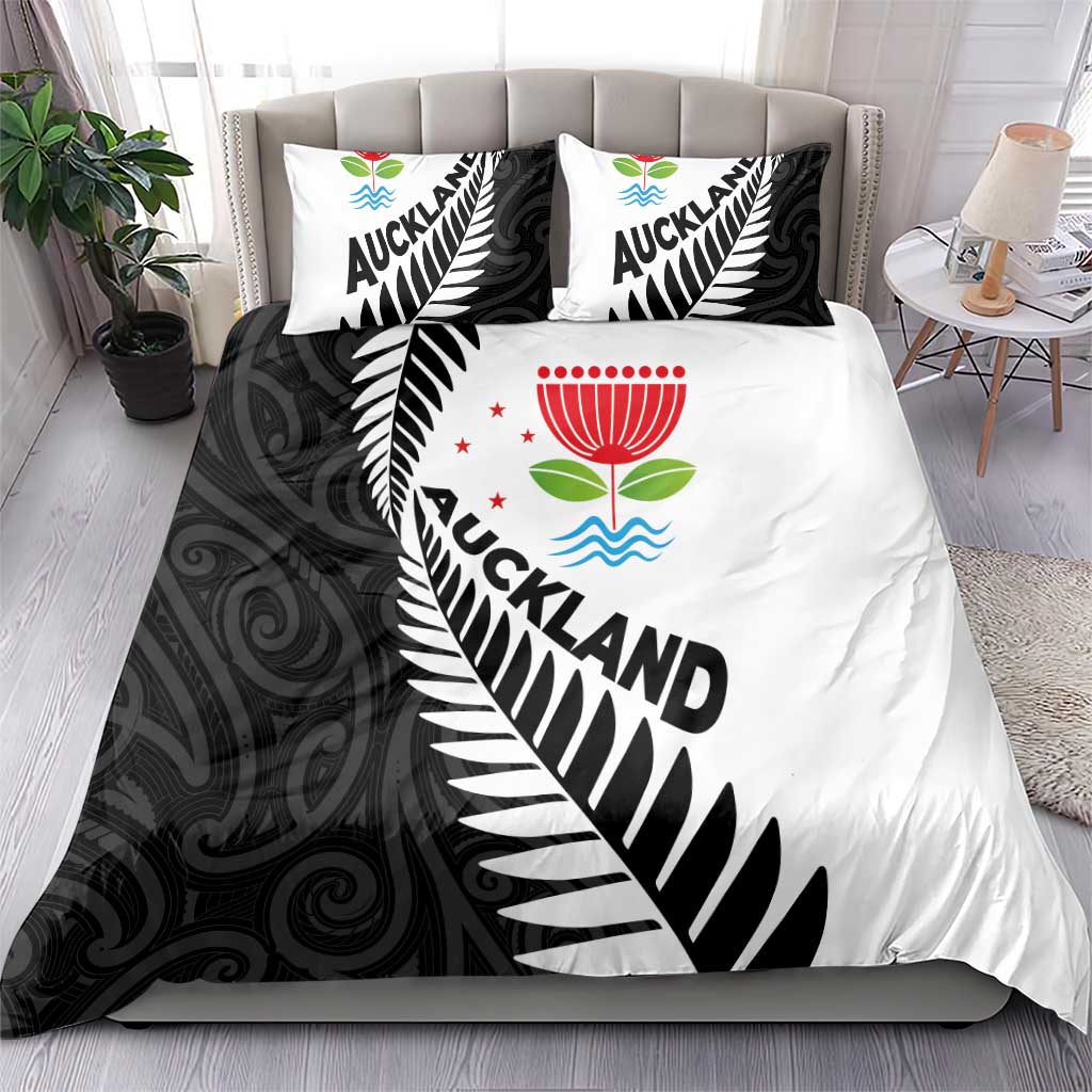 New Zealand Auckland Bedding Set Auckland's Emblem and Silver Ferns - Maori Art Tattoo - Vibe Hoodie Shop