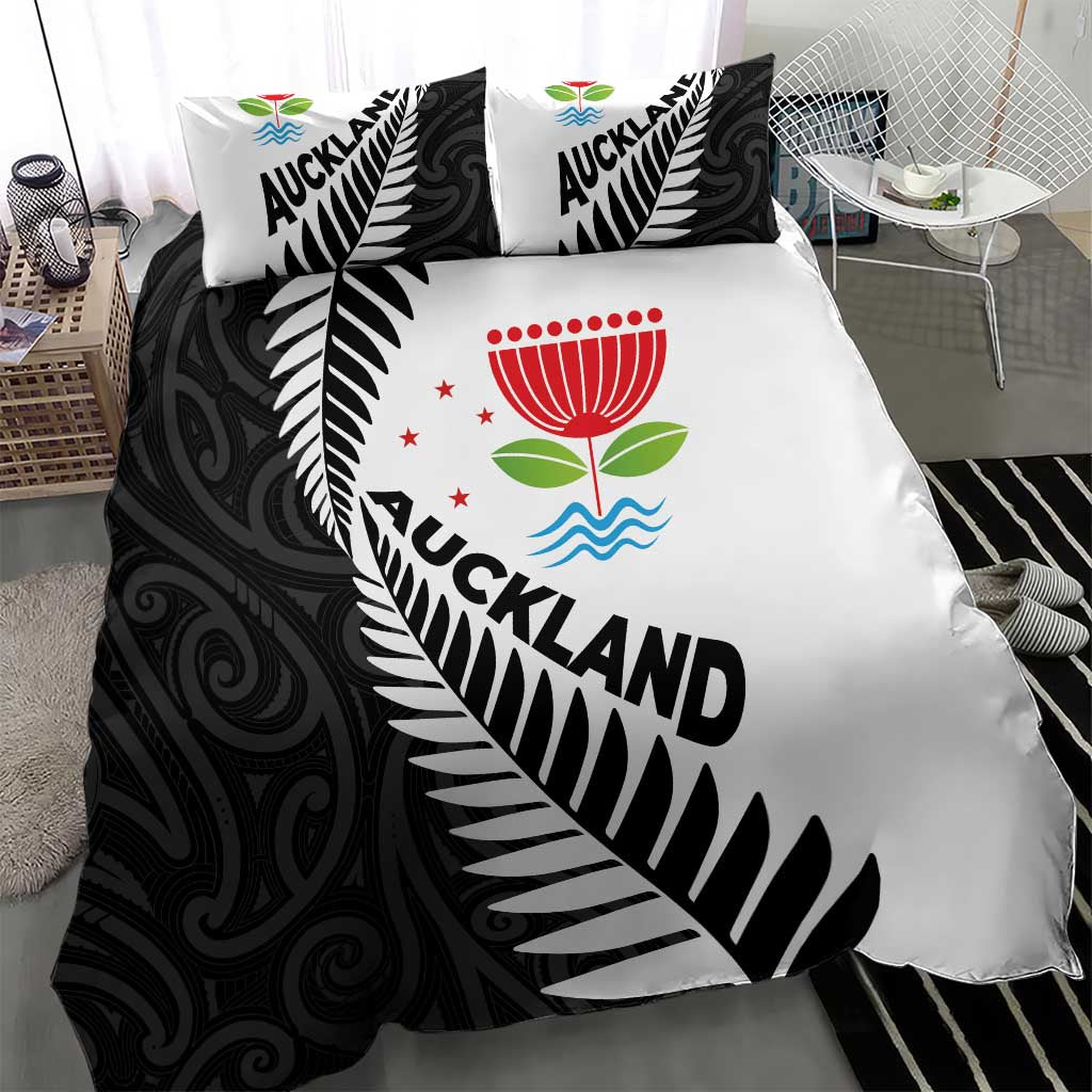 New Zealand Auckland Bedding Set Auckland's Emblem and Silver Ferns - Maori Art Tattoo - Vibe Hoodie Shop