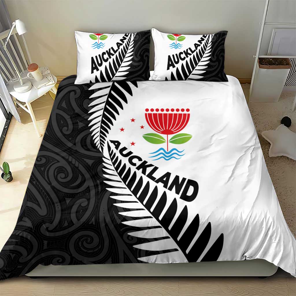 New Zealand Auckland Bedding Set Auckland's Emblem and Silver Ferns - Maori Art Tattoo - Vibe Hoodie Shop