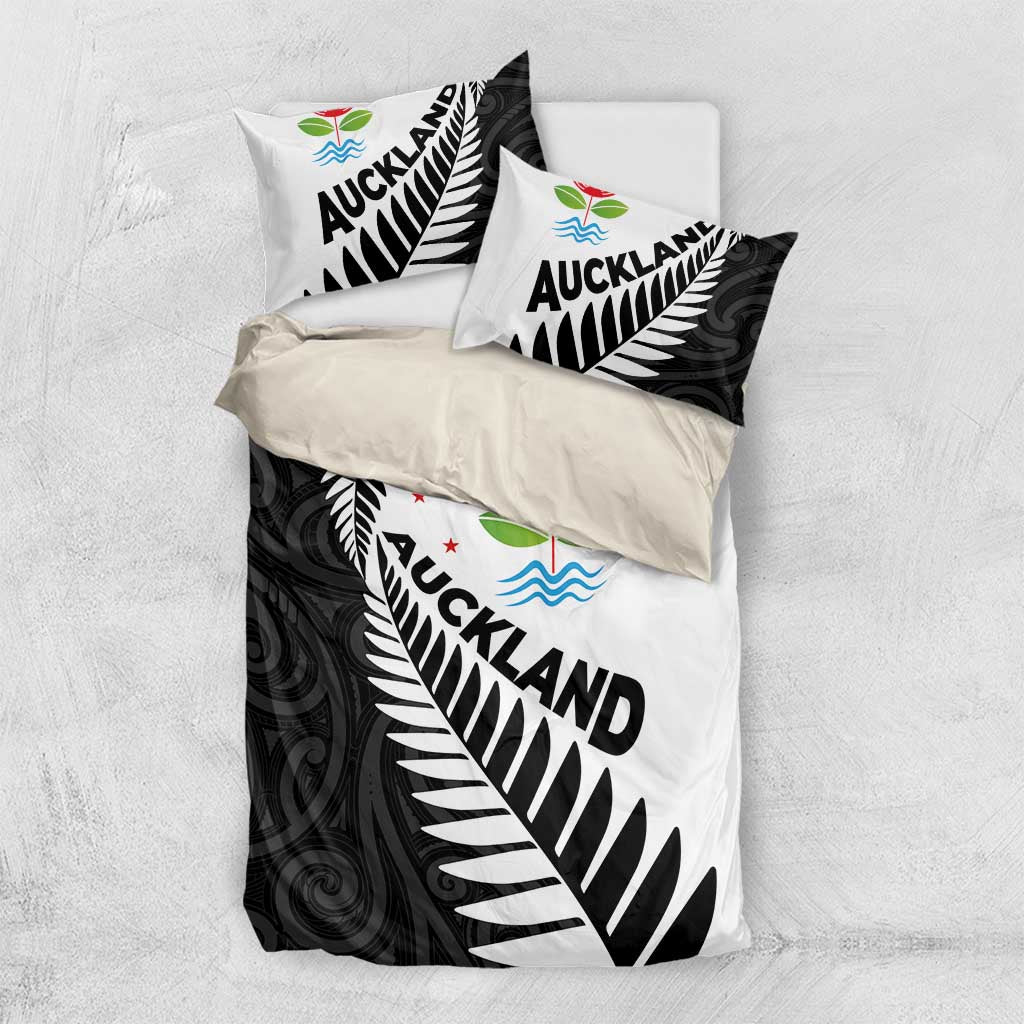 New Zealand Auckland Bedding Set Auckland's Emblem and Silver Ferns - Maori Art Tattoo - Vibe Hoodie Shop