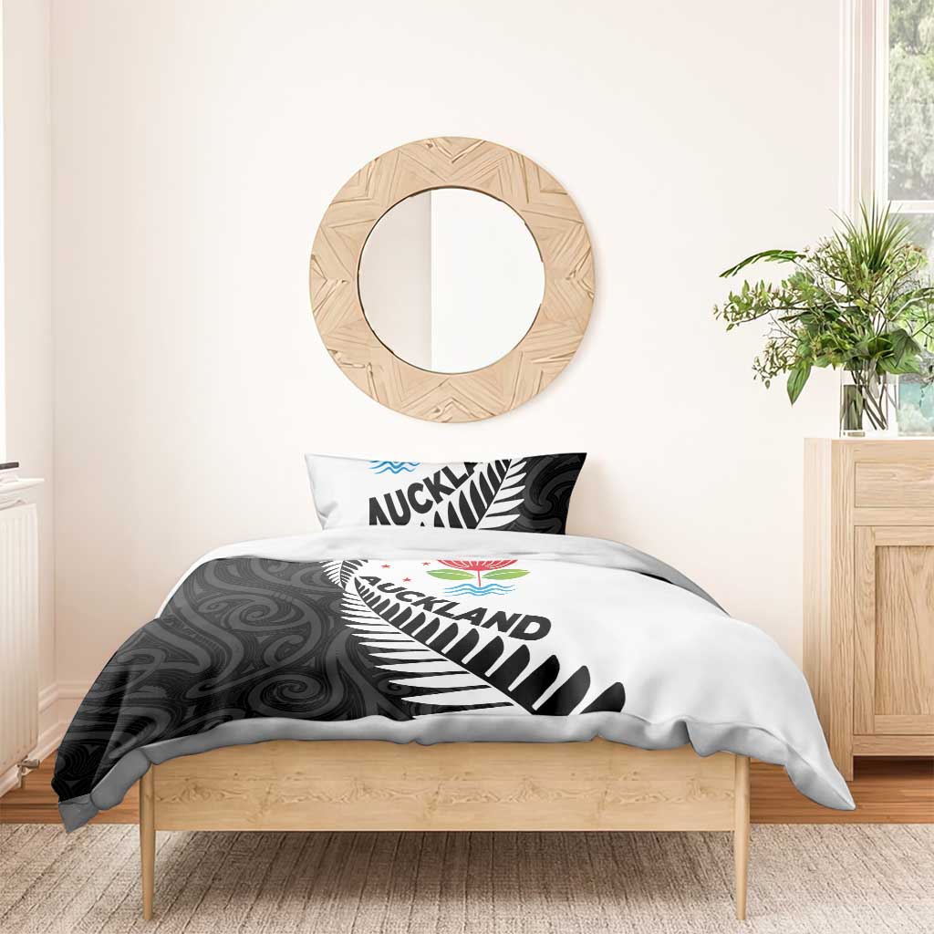 New Zealand Auckland Bedding Set Auckland's Emblem and Silver Ferns - Maori Art Tattoo - Vibe Hoodie Shop