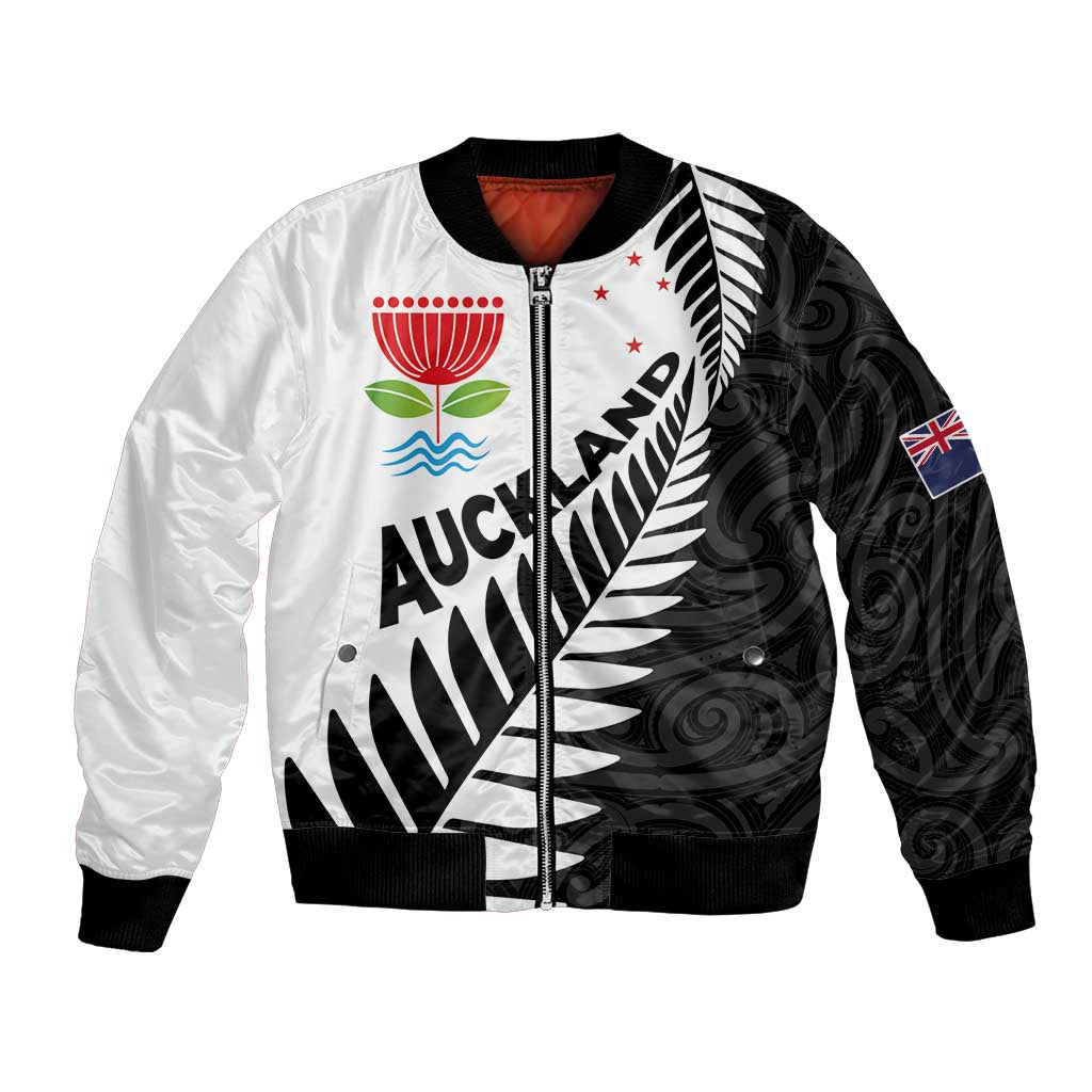 New Zealand Auckland Bomber Jacket Auckland's Emblem and Silver Ferns - Maori Art Tattoo - Vibe Hoodie Shop