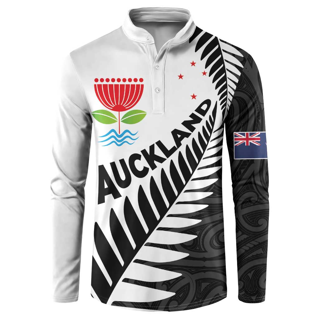 New Zealand Auckland Button Sweatshirt Auckland's Emblem and Silver Ferns - Maori Art Tattoo