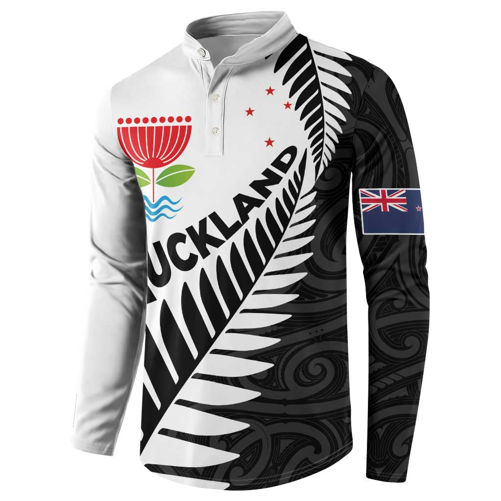 New Zealand Auckland Button Sweatshirt Auckland's Emblem and Silver Ferns - Maori Art Tattoo