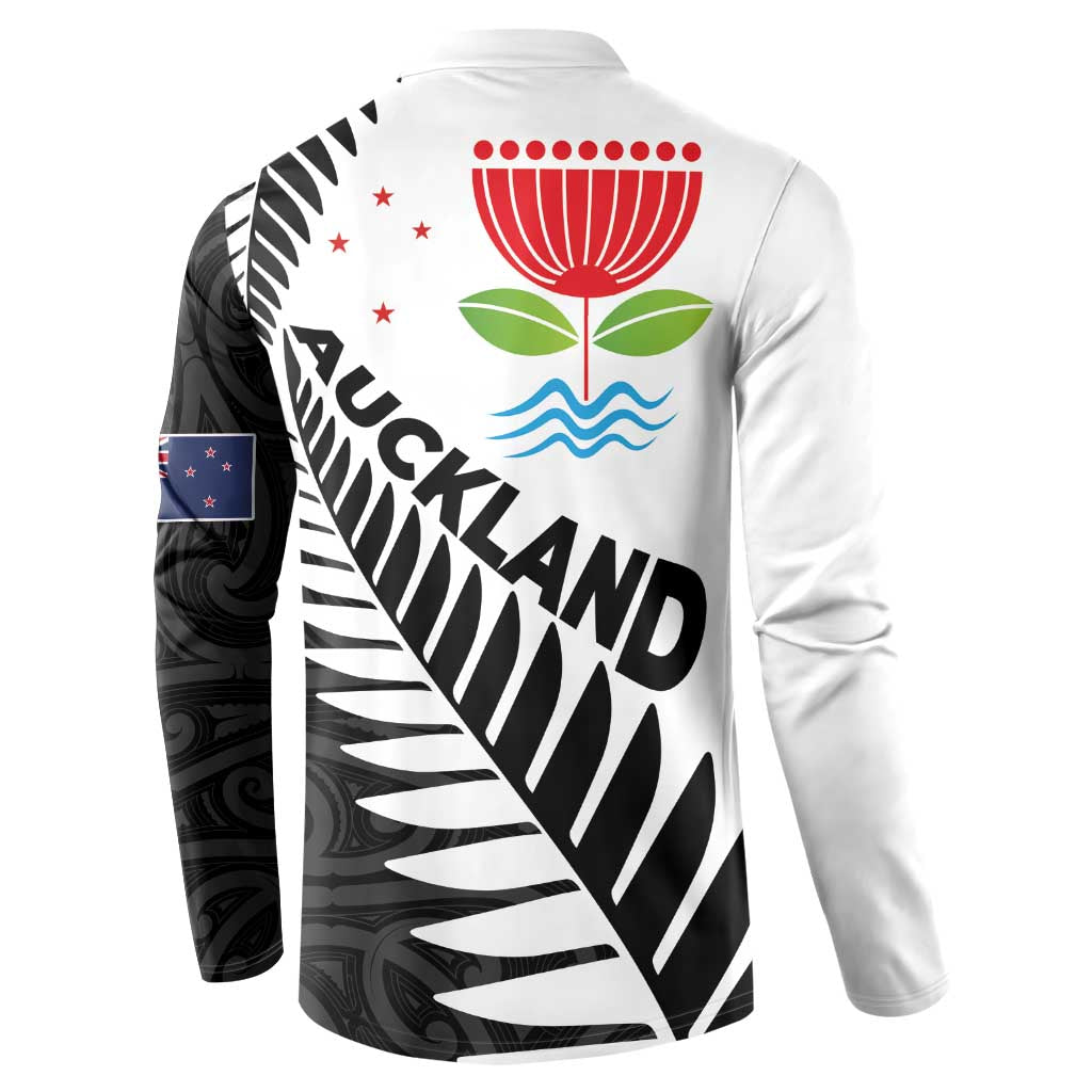 New Zealand Auckland Button Sweatshirt Auckland's Emblem and Silver Ferns - Maori Art Tattoo