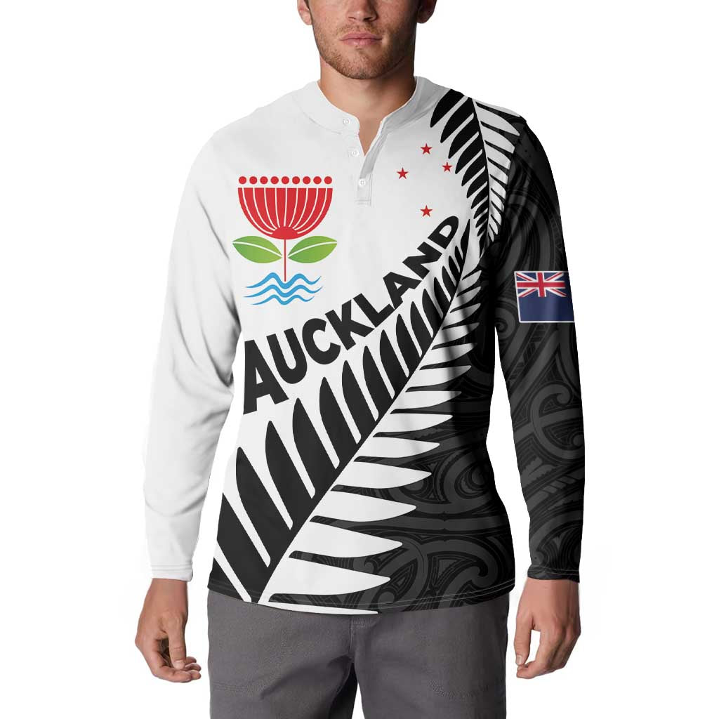 New Zealand Auckland Button Sweatshirt Auckland's Emblem and Silver Ferns - Maori Art Tattoo