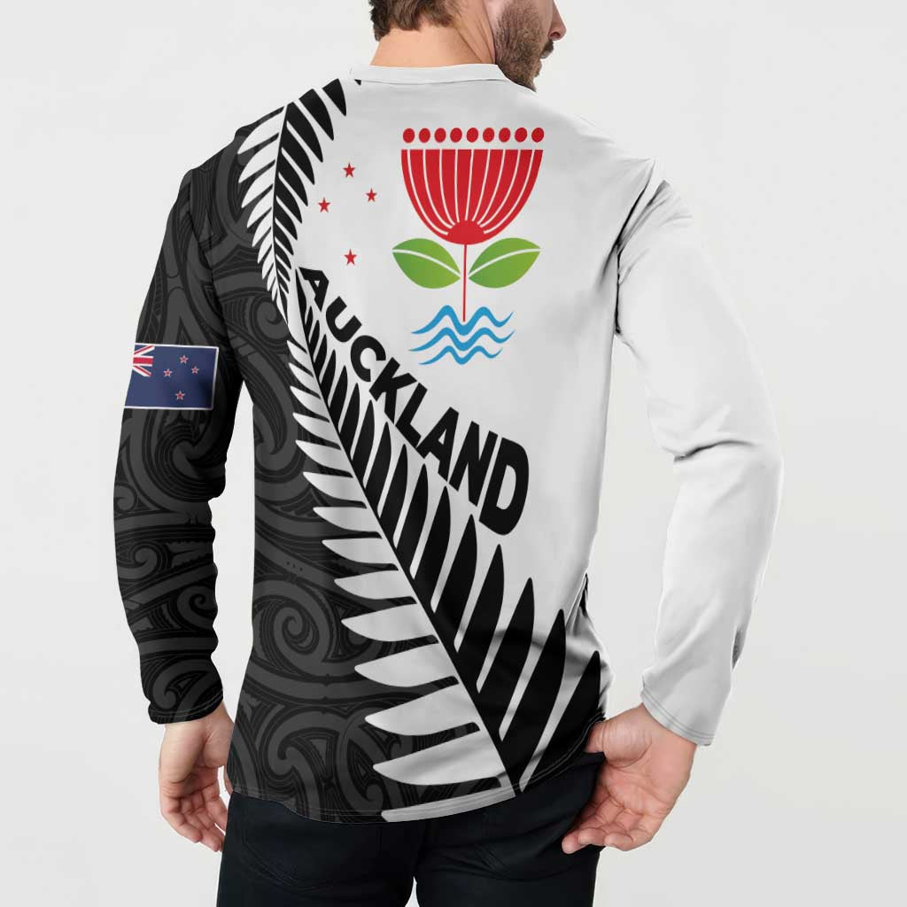 New Zealand Auckland Button Sweatshirt Auckland's Emblem and Silver Ferns - Maori Art Tattoo