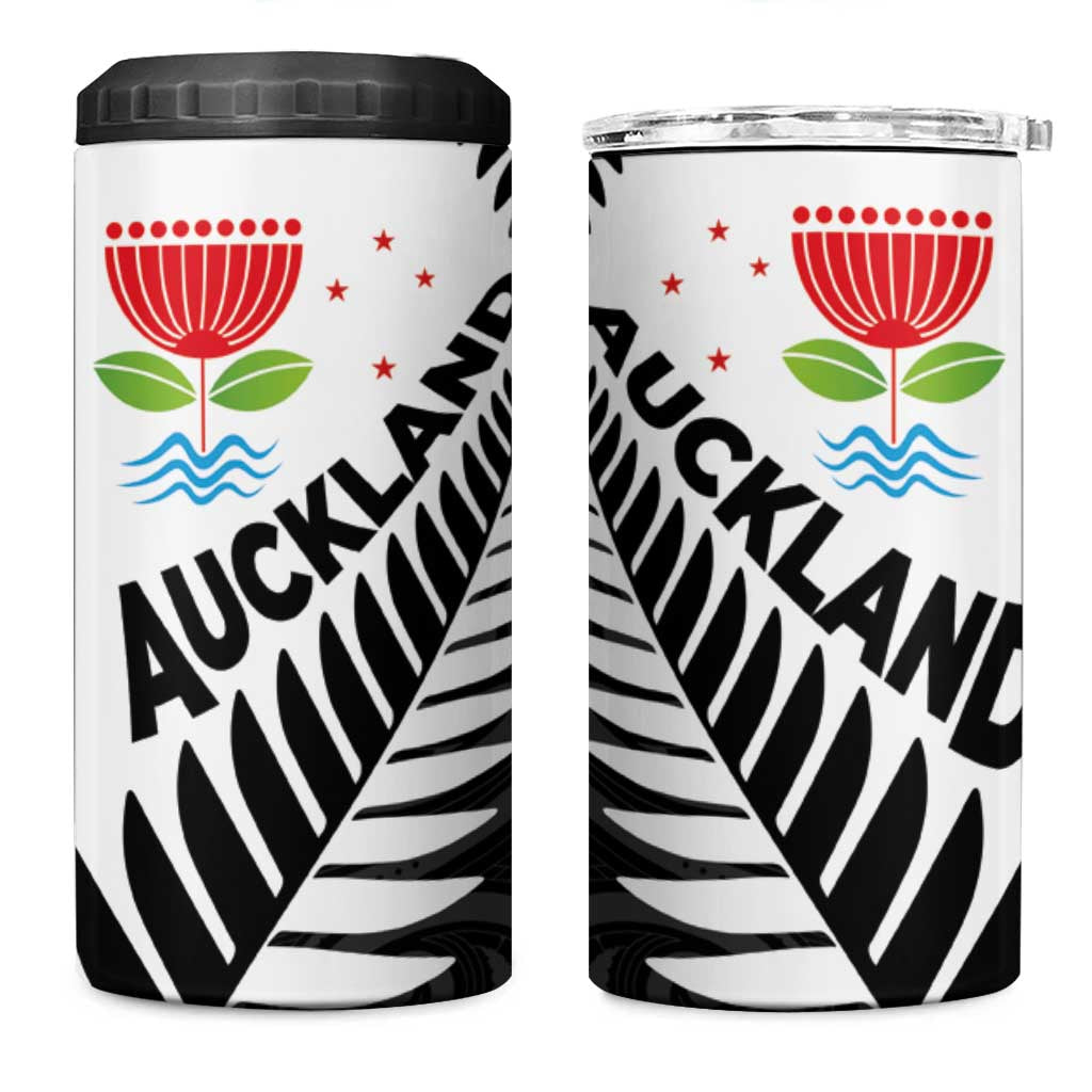 New Zealand Auckland 4 in 1 Can Cooler Tumbler Auckland's Emblem and Silver Ferns - Maori Art Tattoo