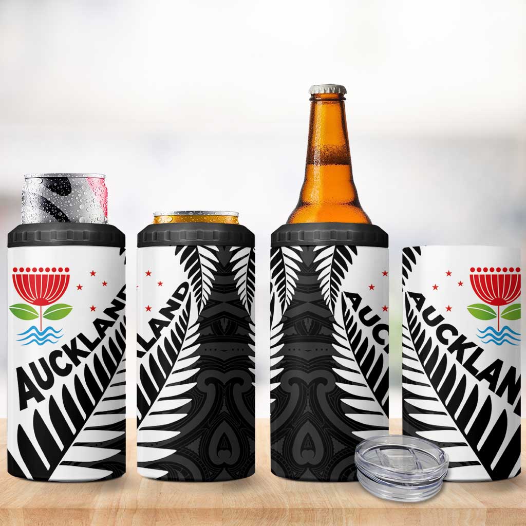 New Zealand Auckland 4 in 1 Can Cooler Tumbler Auckland's Emblem and Silver Ferns - Maori Art Tattoo