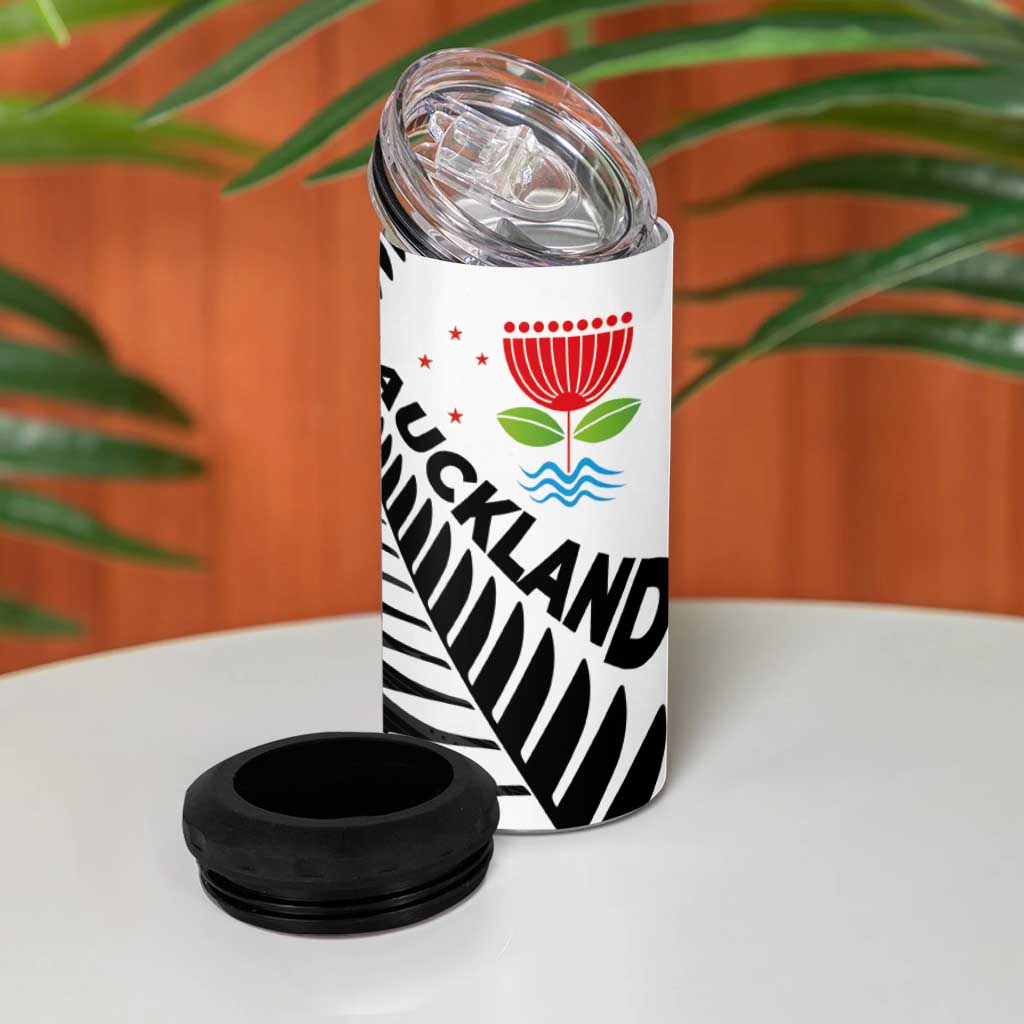 New Zealand Auckland 4 in 1 Can Cooler Tumbler Auckland's Emblem and Silver Ferns - Maori Art Tattoo