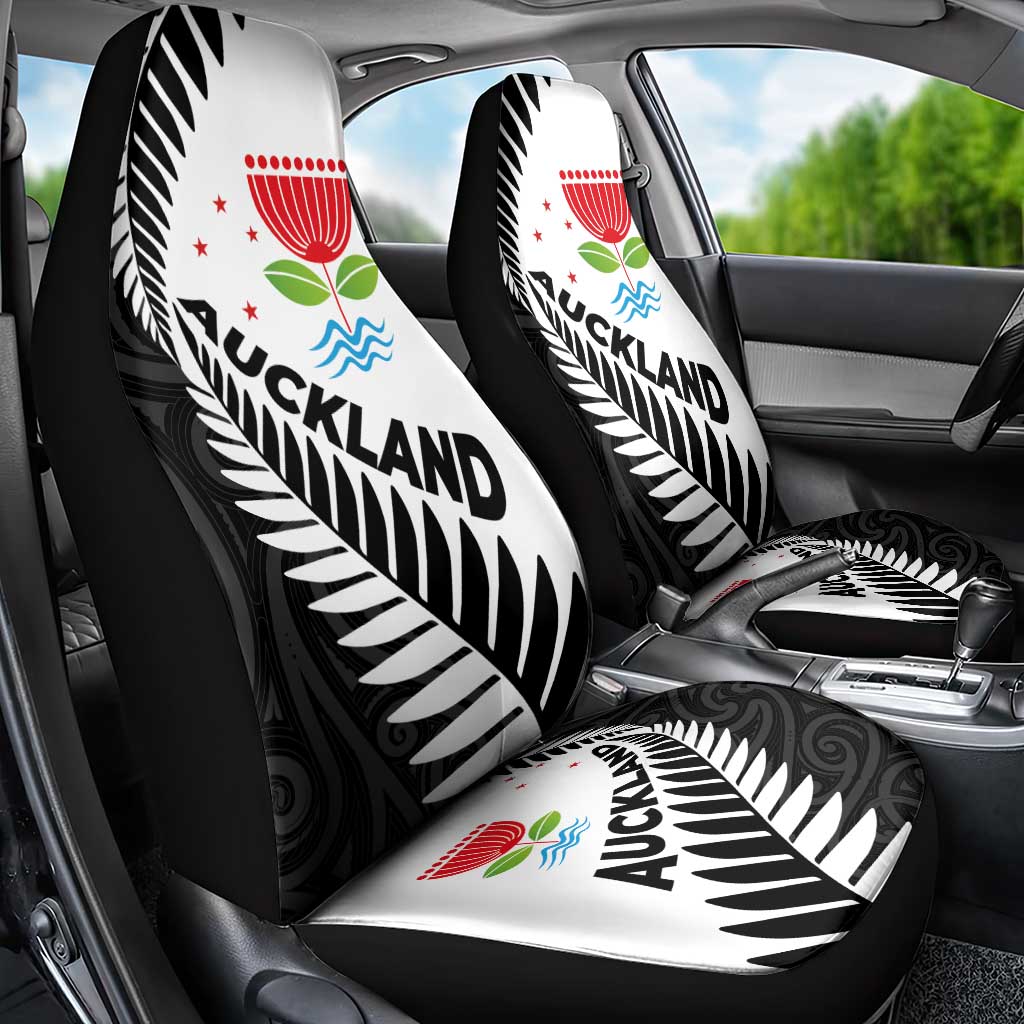 New Zealand Auckland Car Seat Cover Auckland's Emblem and Silver Ferns - Maori Art Tattoo - Vibe Hoodie Shop