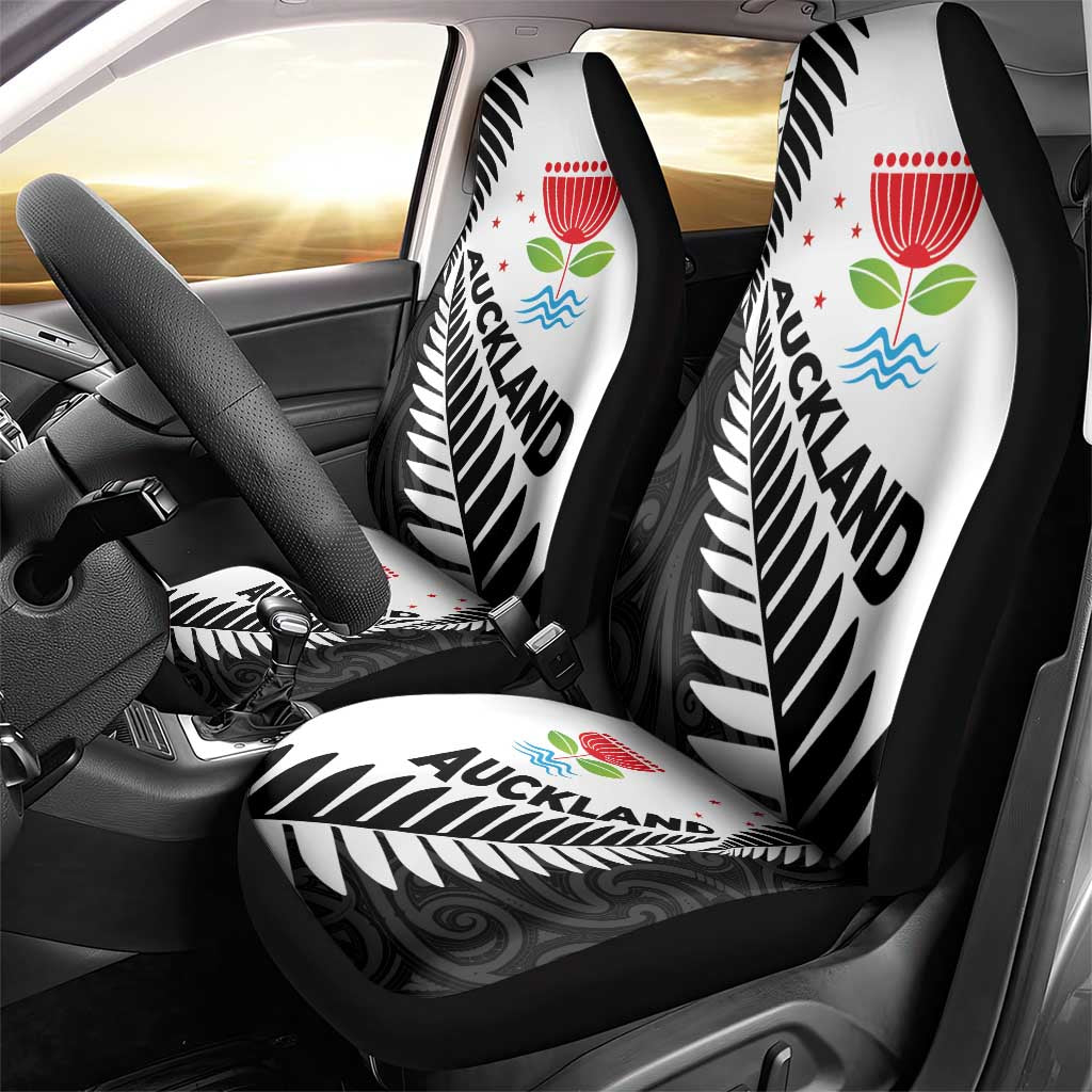 New Zealand Auckland Car Seat Cover Auckland's Emblem and Silver Ferns - Maori Art Tattoo - Vibe Hoodie Shop