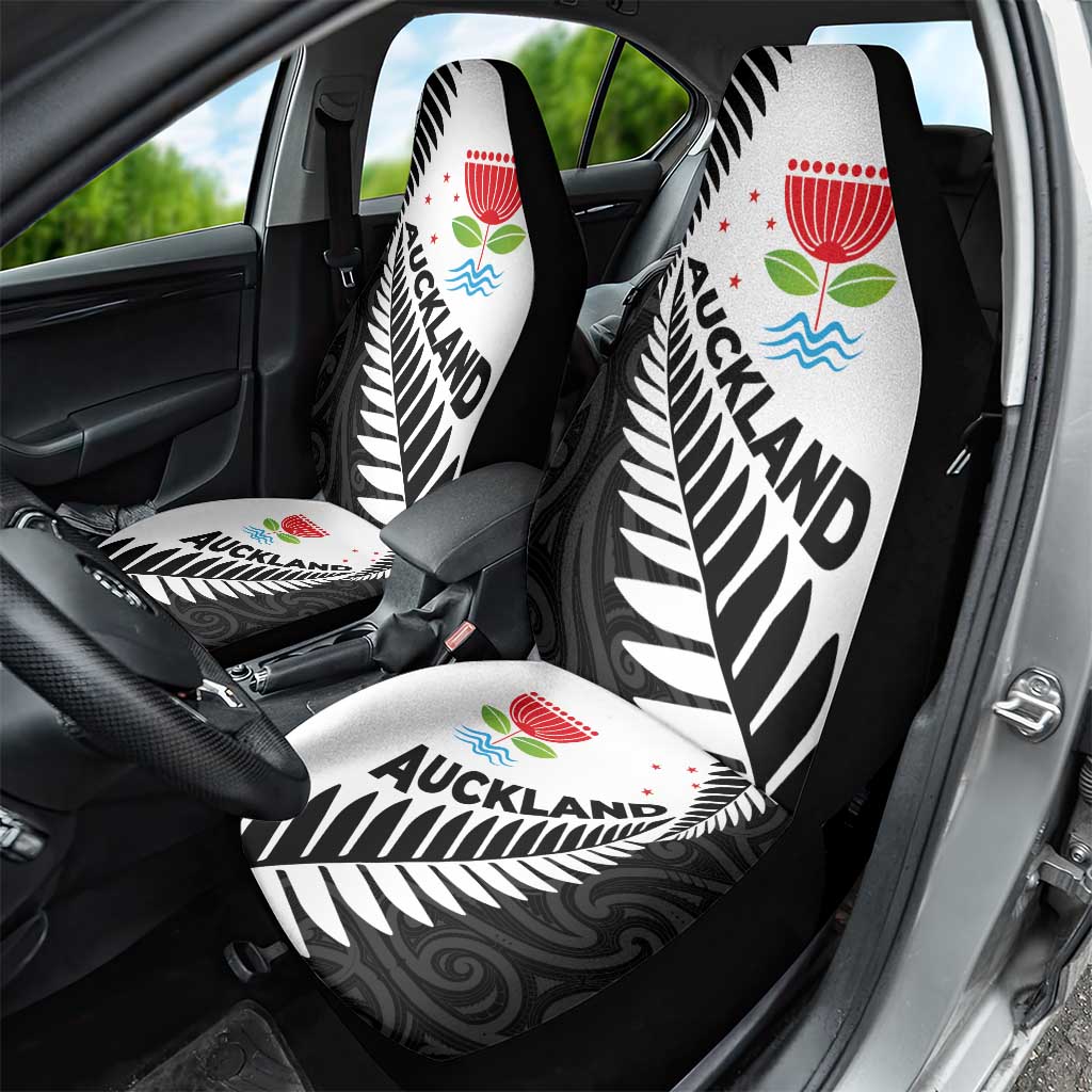 New Zealand Auckland Car Seat Cover Auckland's Emblem and Silver Ferns - Maori Art Tattoo - Vibe Hoodie Shop